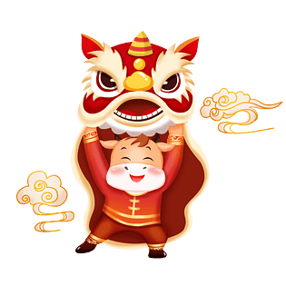 喜庆牛年舞狮插画装饰素材