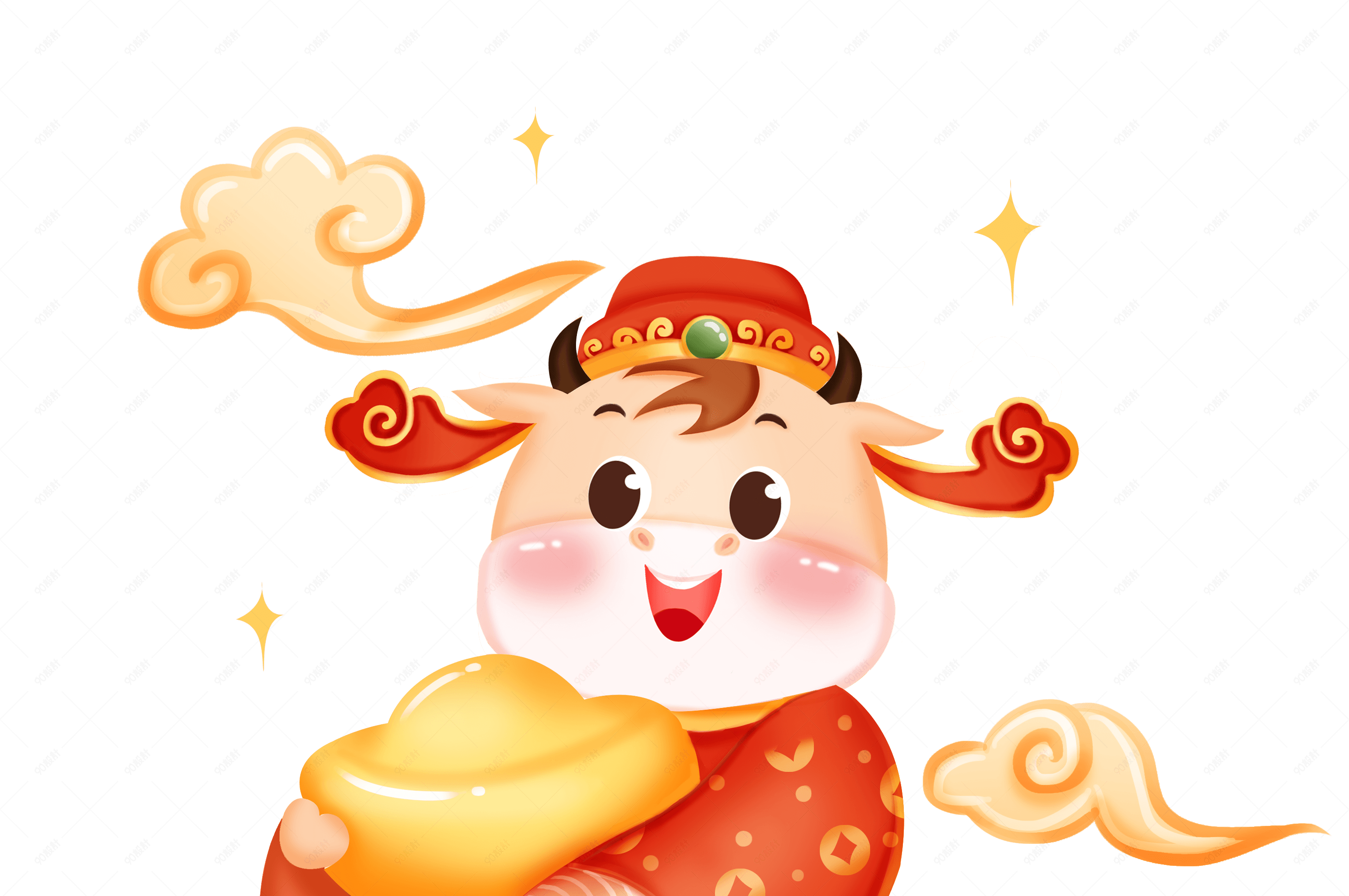 喜庆牛年财神手绘插画装饰素材