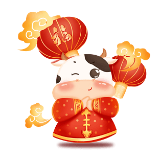 喜庆小牛拜年手绘插画素材