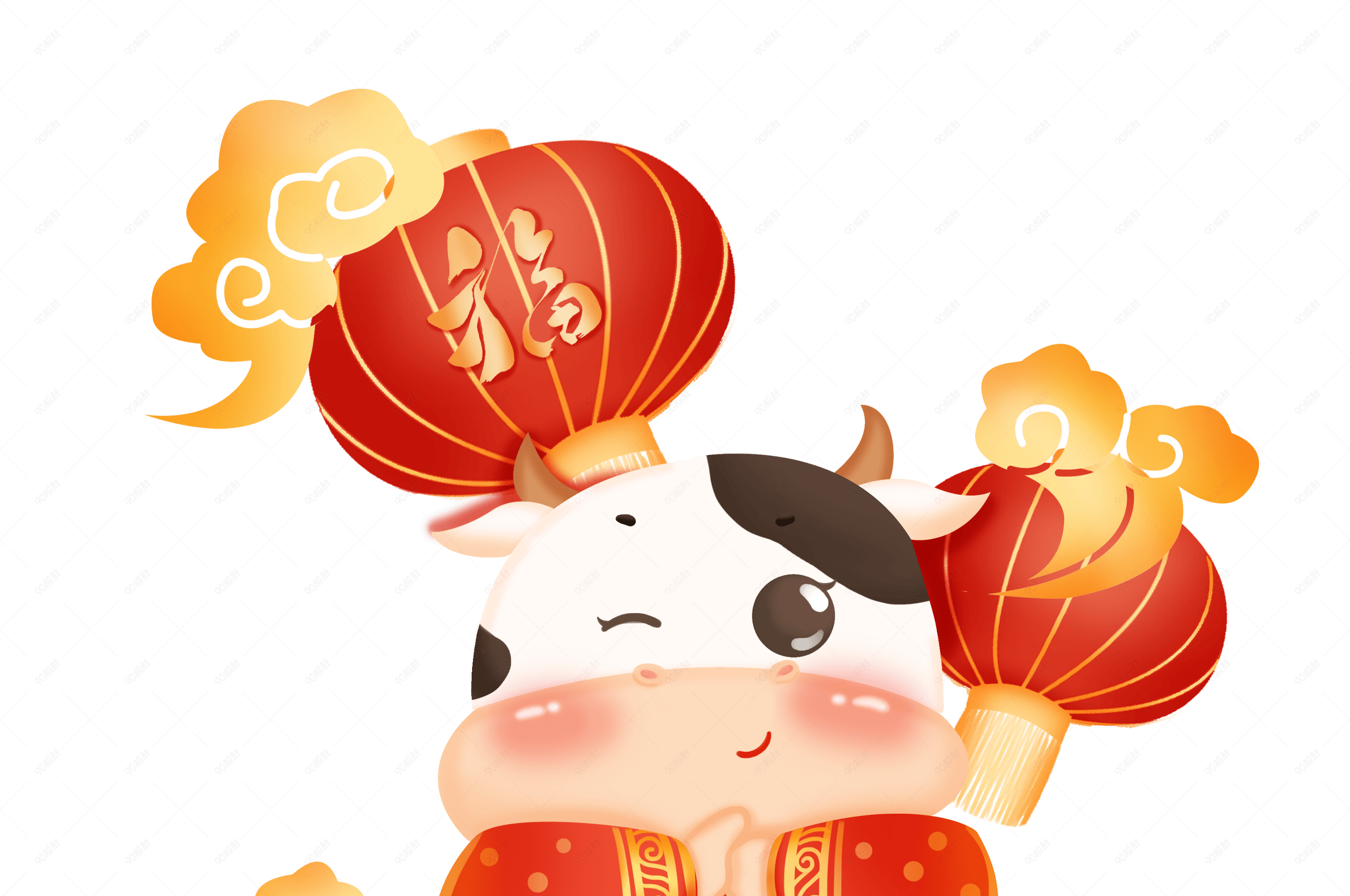 喜庆小牛拜年手绘插画素材