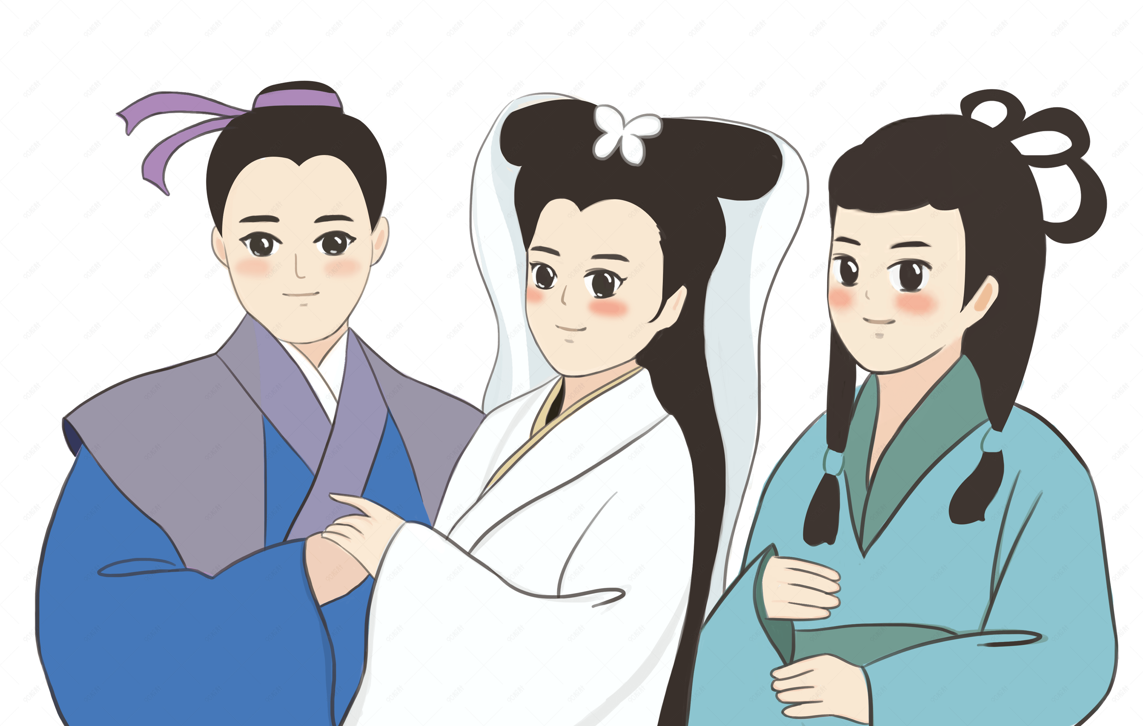 许仙白素贞小青三人行手绘插画元素