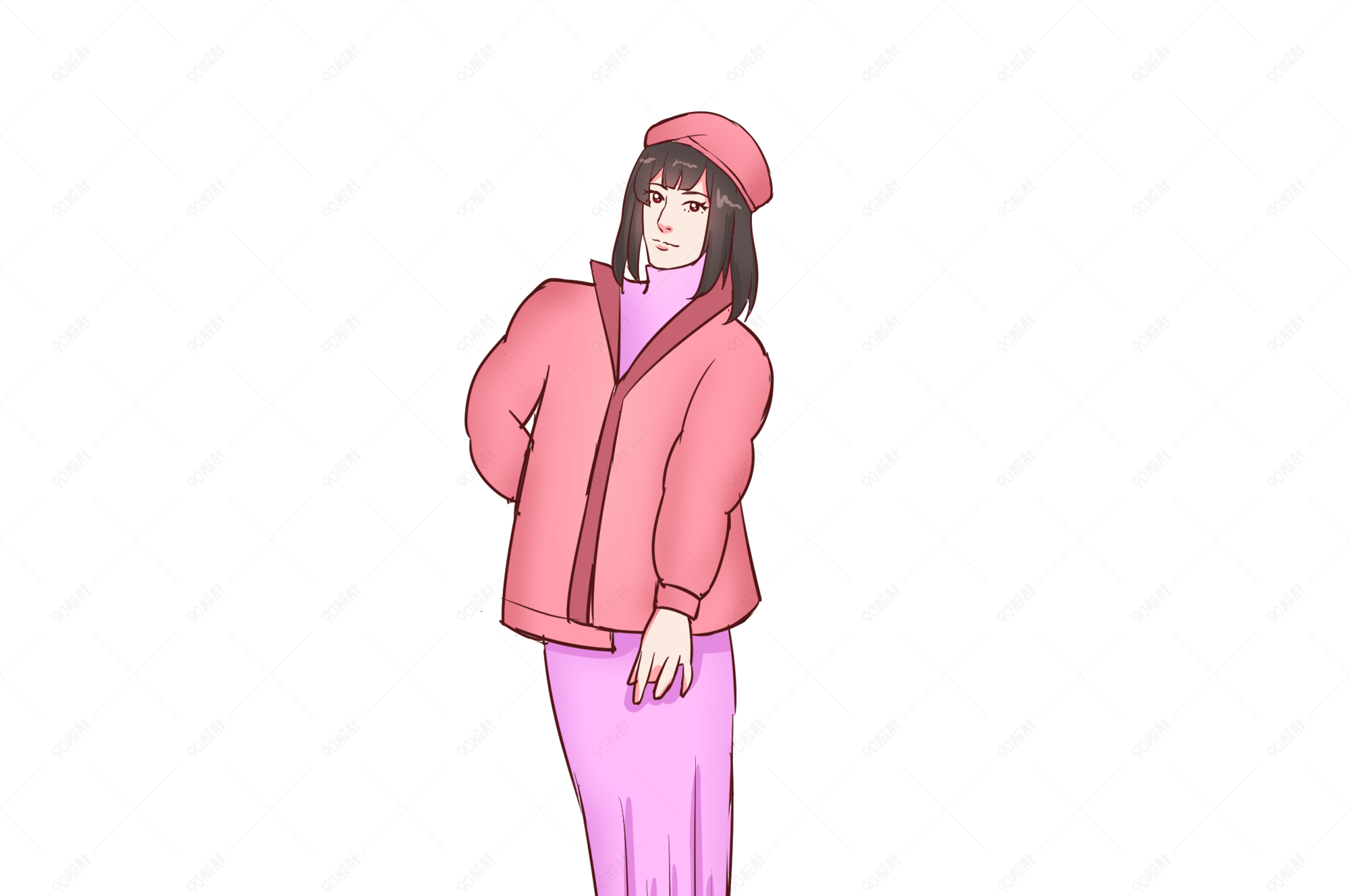 手绘卡通披肩发美女卡通插画