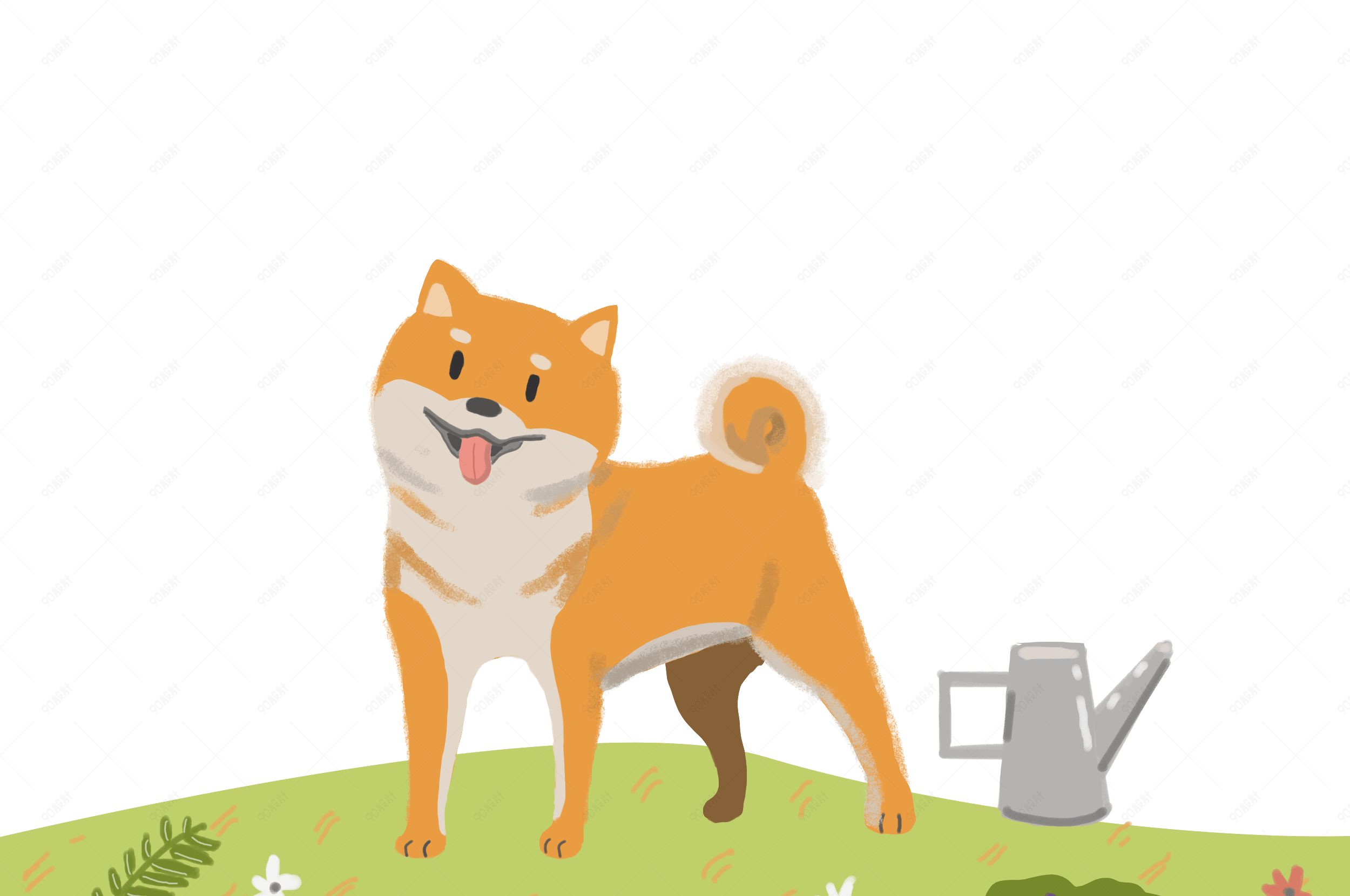 劳动节日系卡通手绘修建草坪秋田狗png