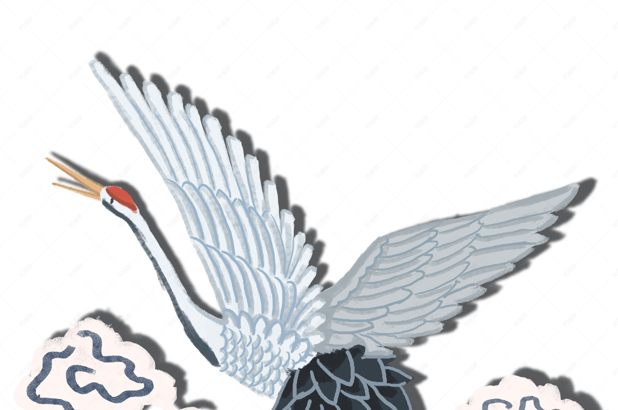 国潮系列中国风手绘飞行仙鹤闲云png