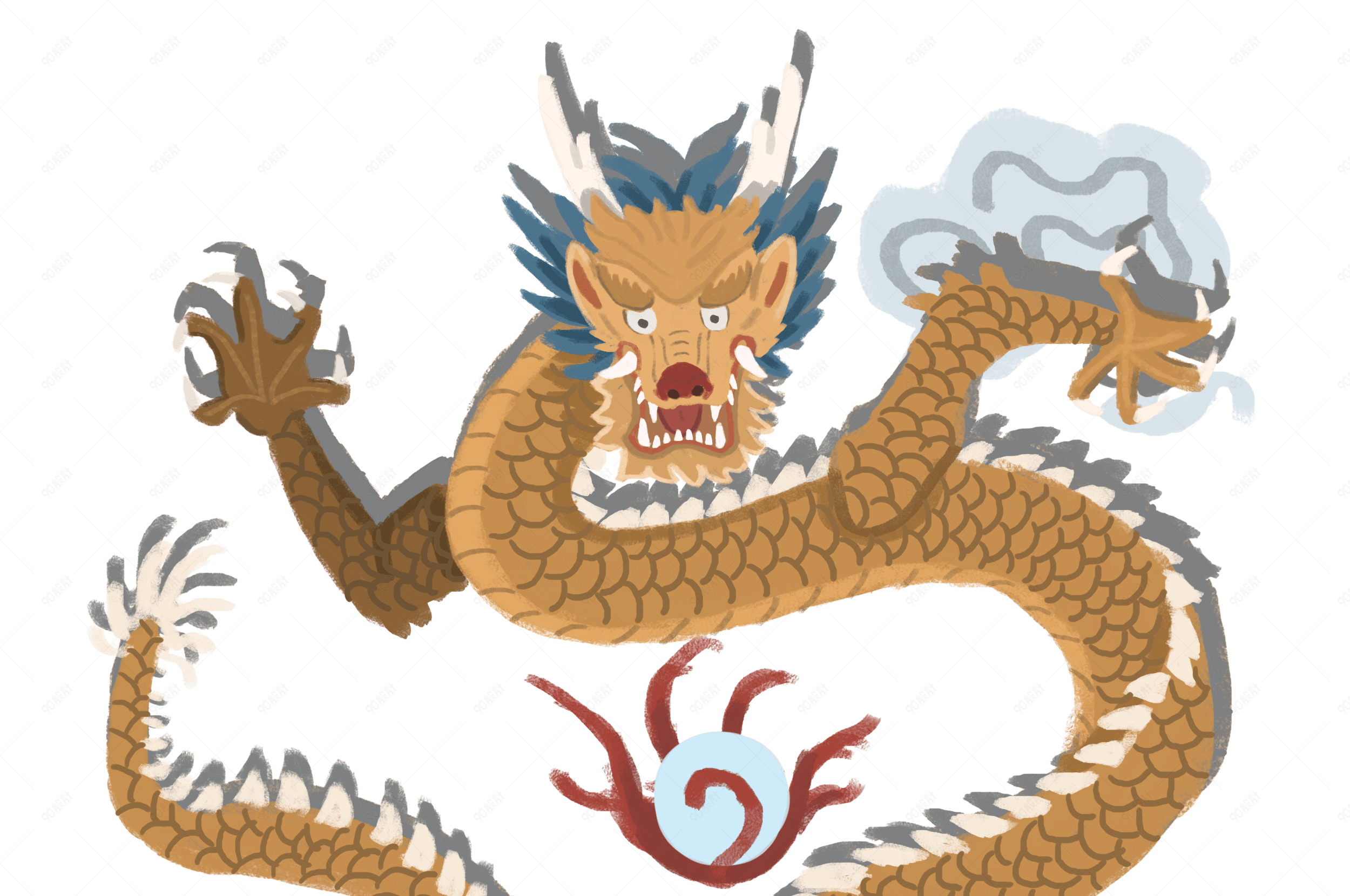 国潮系列手绘中国风黄龙图案祥云png