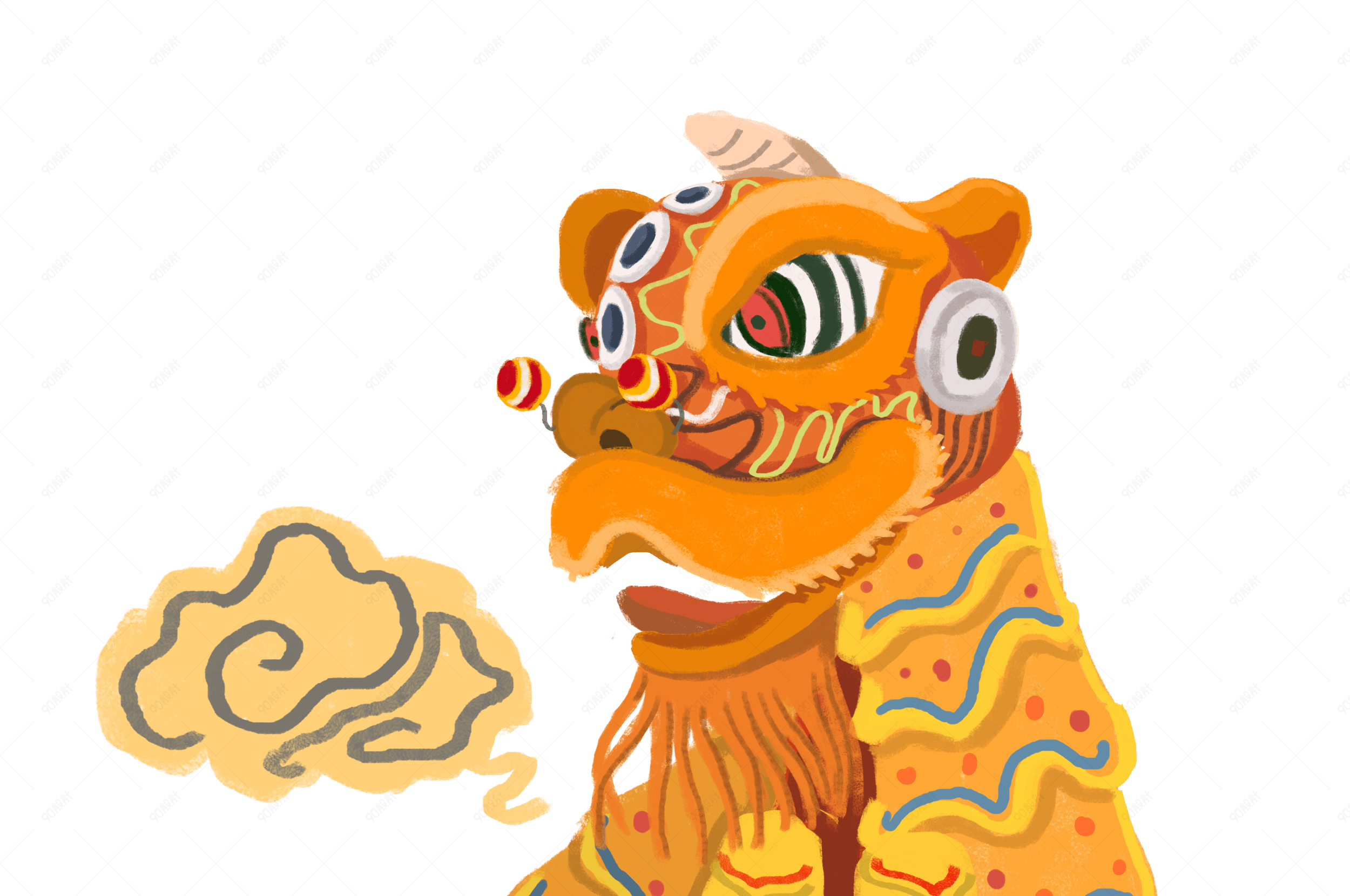 国潮系列中国风手绘舞狮祥云png