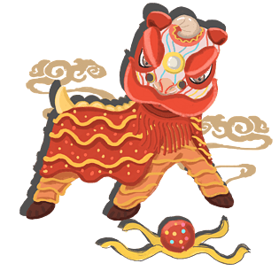 国潮系列手绘中国风舞狮绣球祥云png