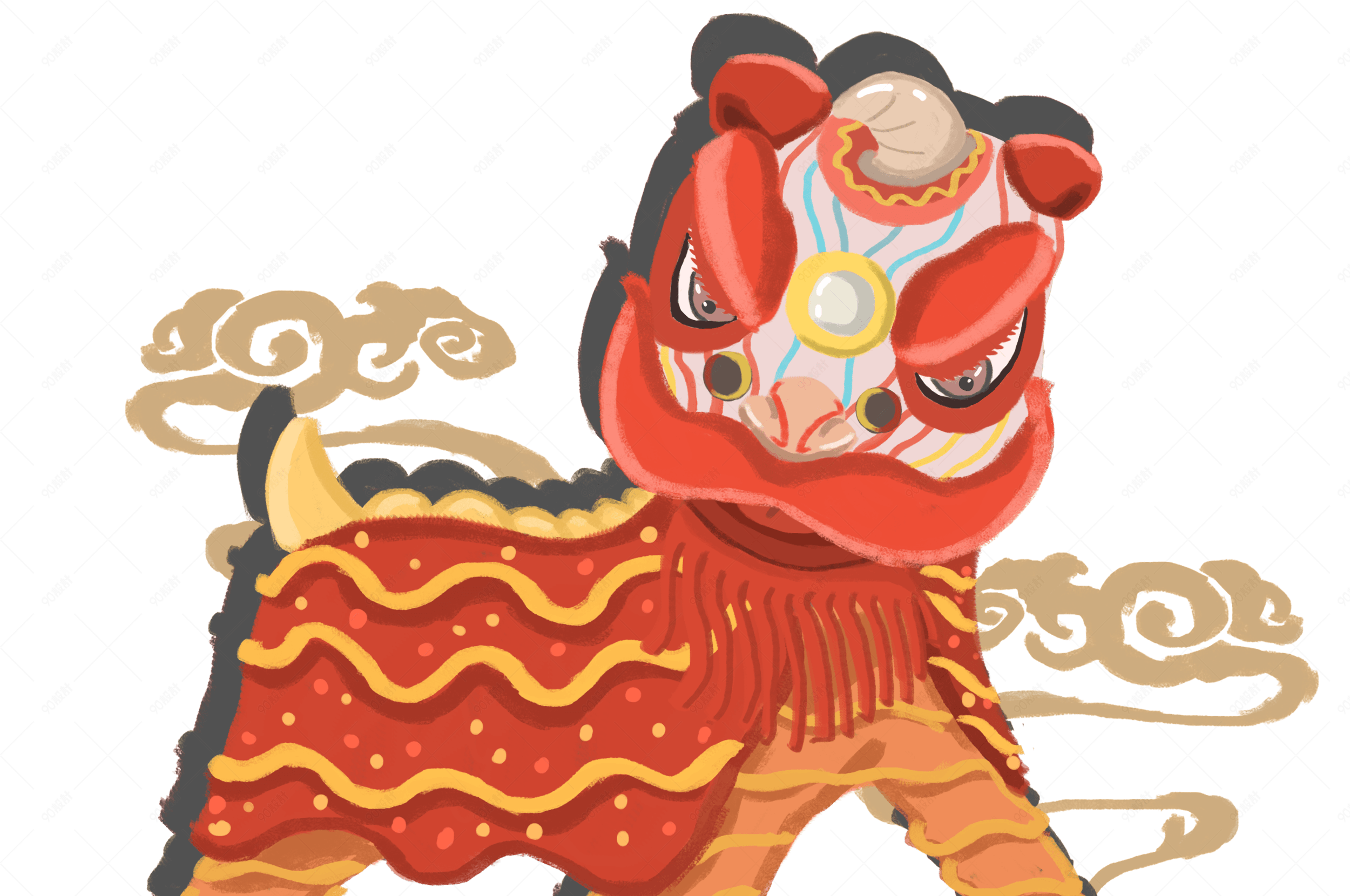 国潮系列手绘中国风舞狮绣球祥云png