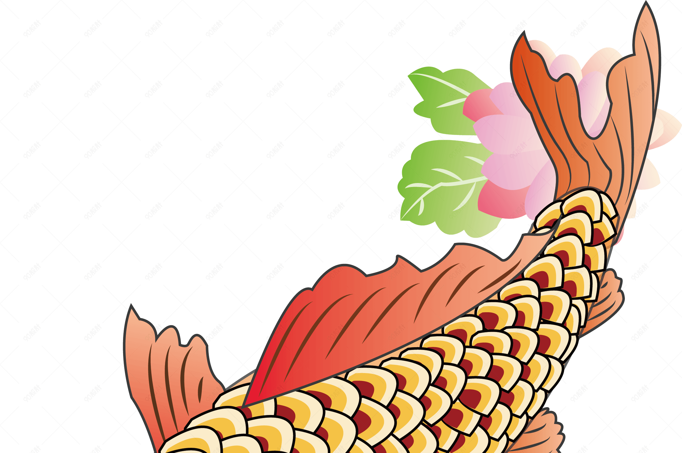 国潮系列中国风红鲤鱼牡丹花png