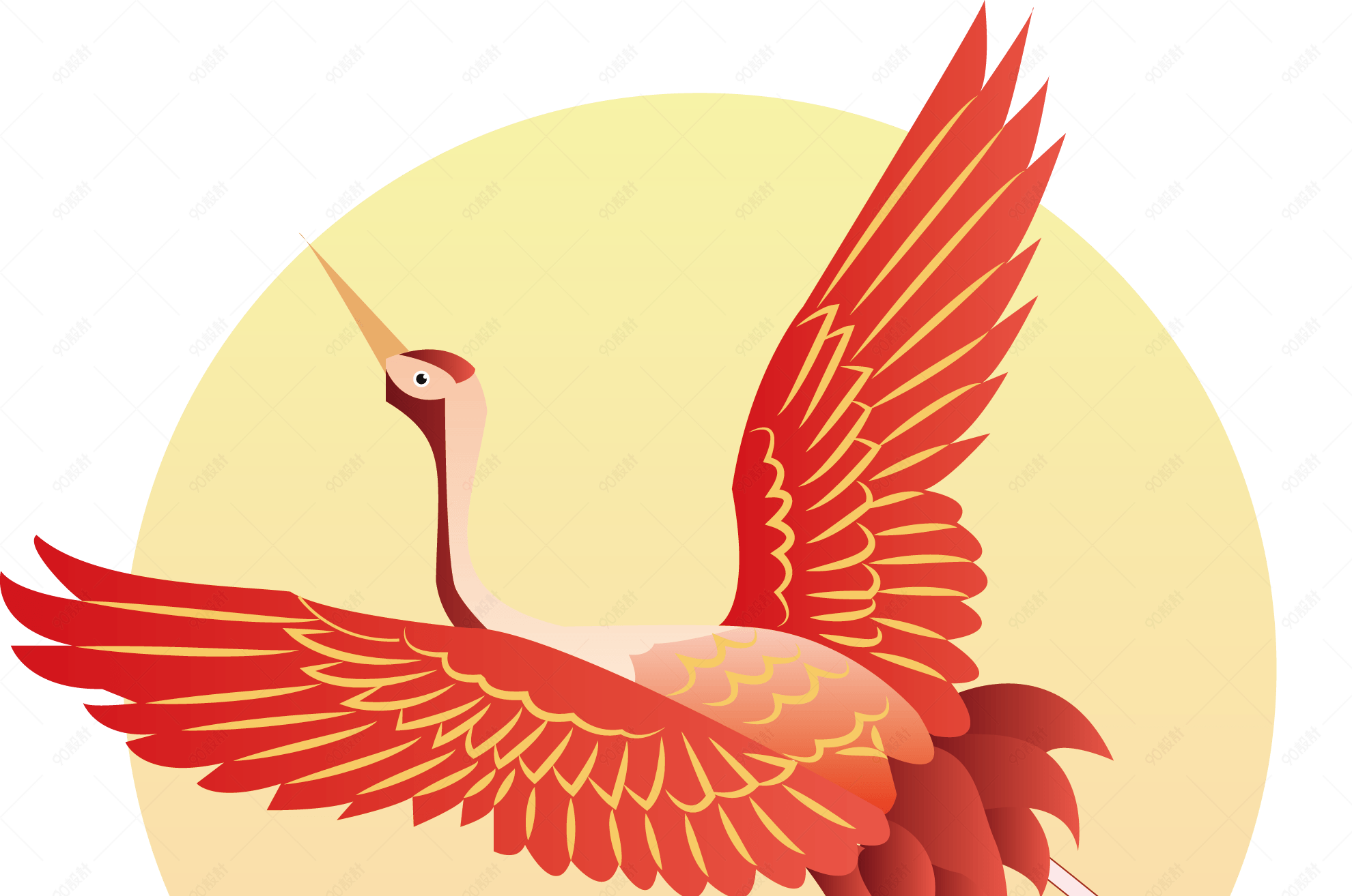 国潮系列中国风赤红一品仙鹤祥云落日png