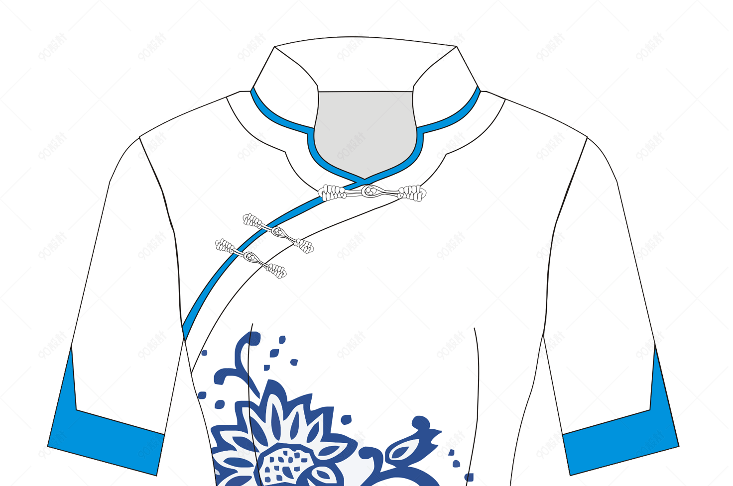 蓝白相间带有花纹的斜襟旗袍