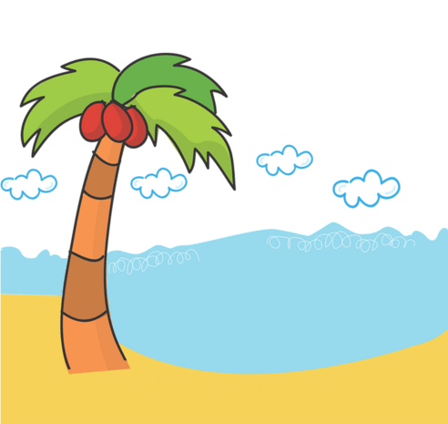 手绘卡通沙滩椰子树图案