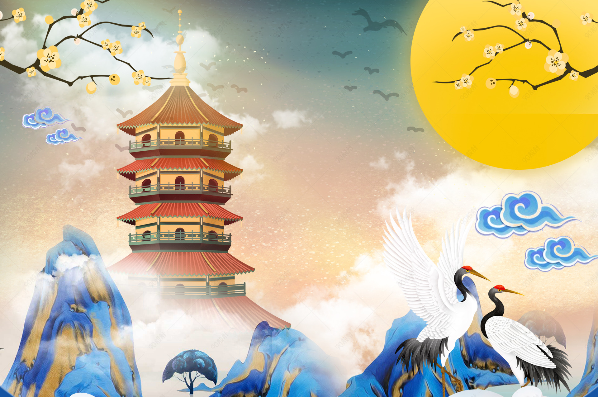 蓝色文艺复古祥云男装海报banner背景