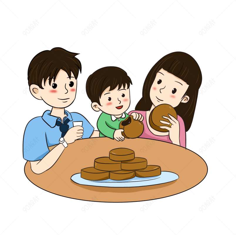 中秋节一家三口团团圆圆吃月饼
