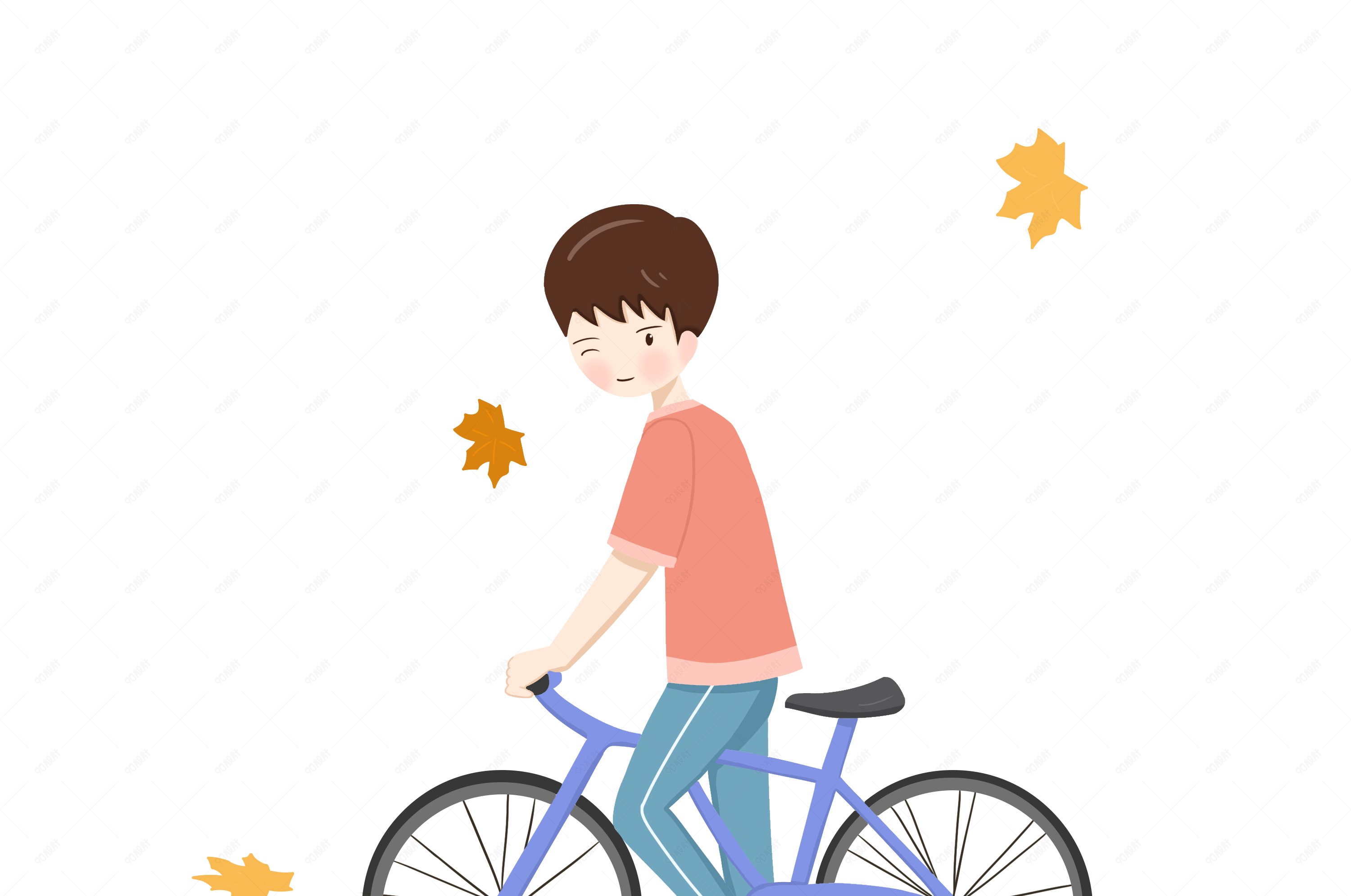 立秋男孩骑着单车在枫叶中行驶