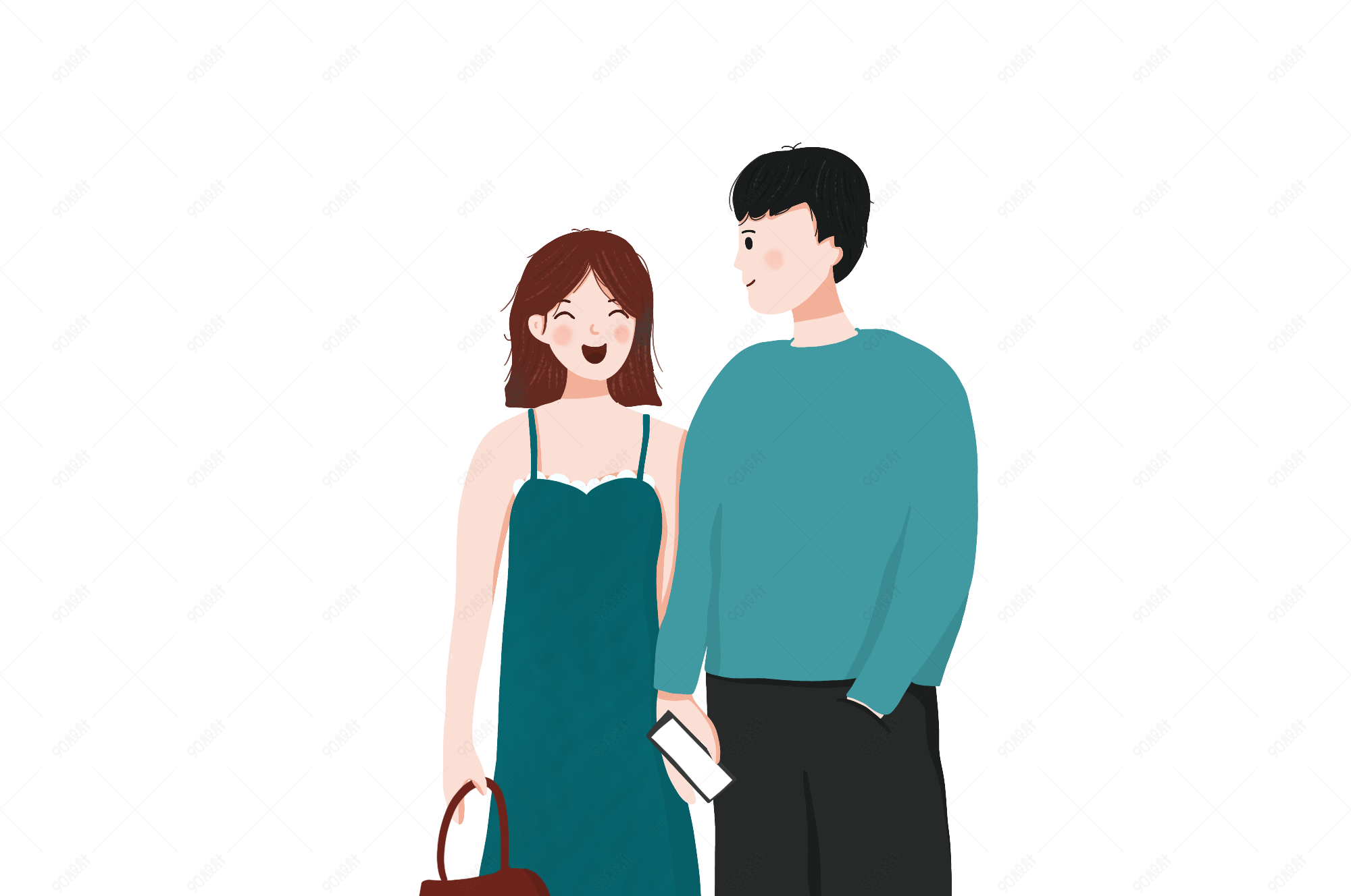 情侣手牵手开心约会卡通手绘