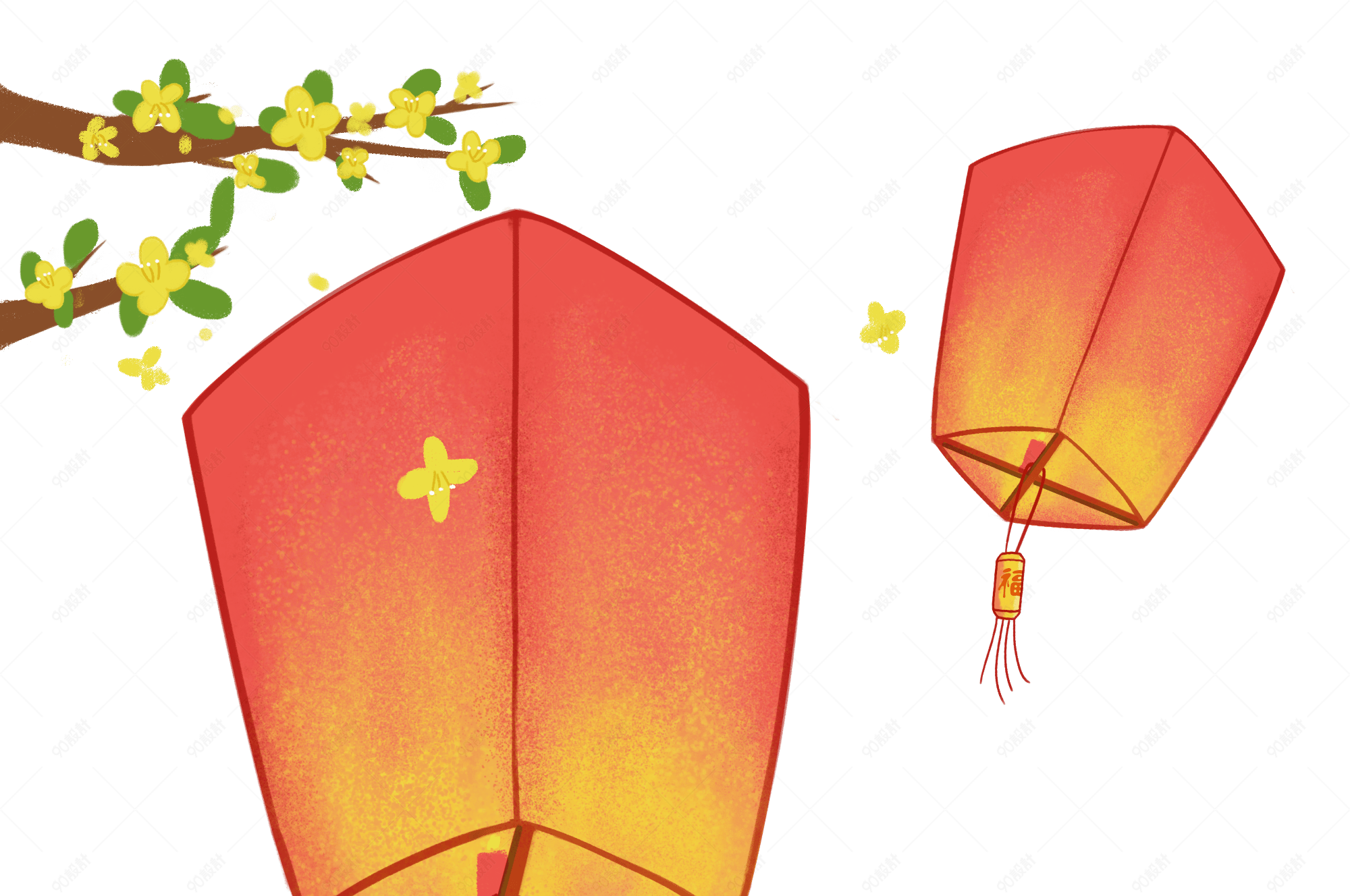 孔明灯桂花树黄色手绘插画