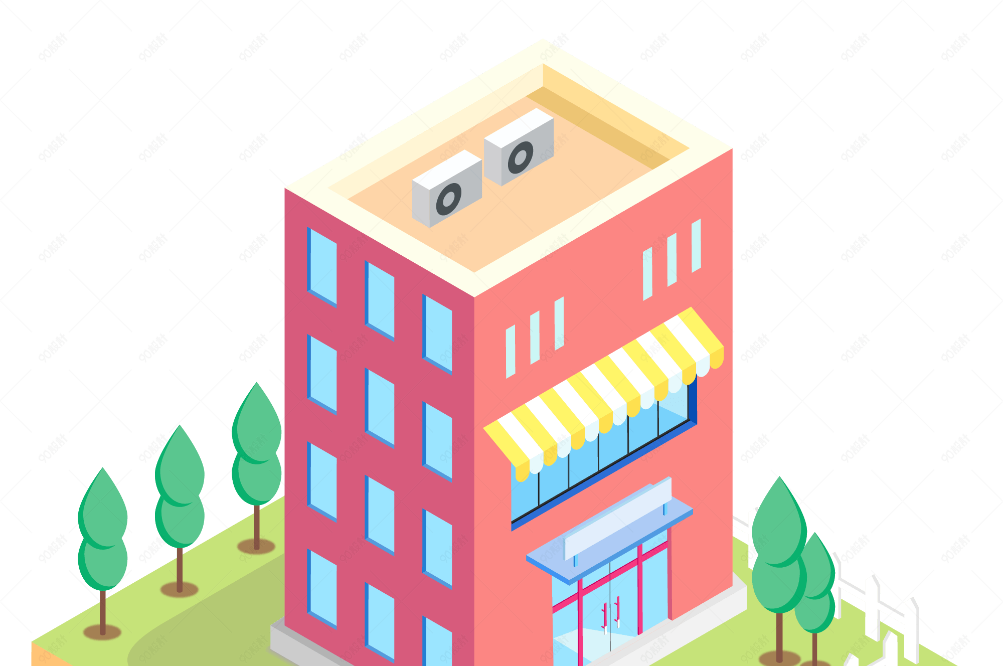 红色小清新房屋建筑2.5d卡通插画