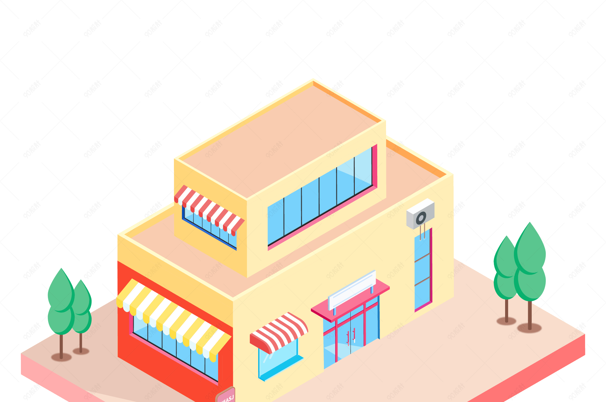 小清新2.5d黄色房子建筑卡通手绘插画