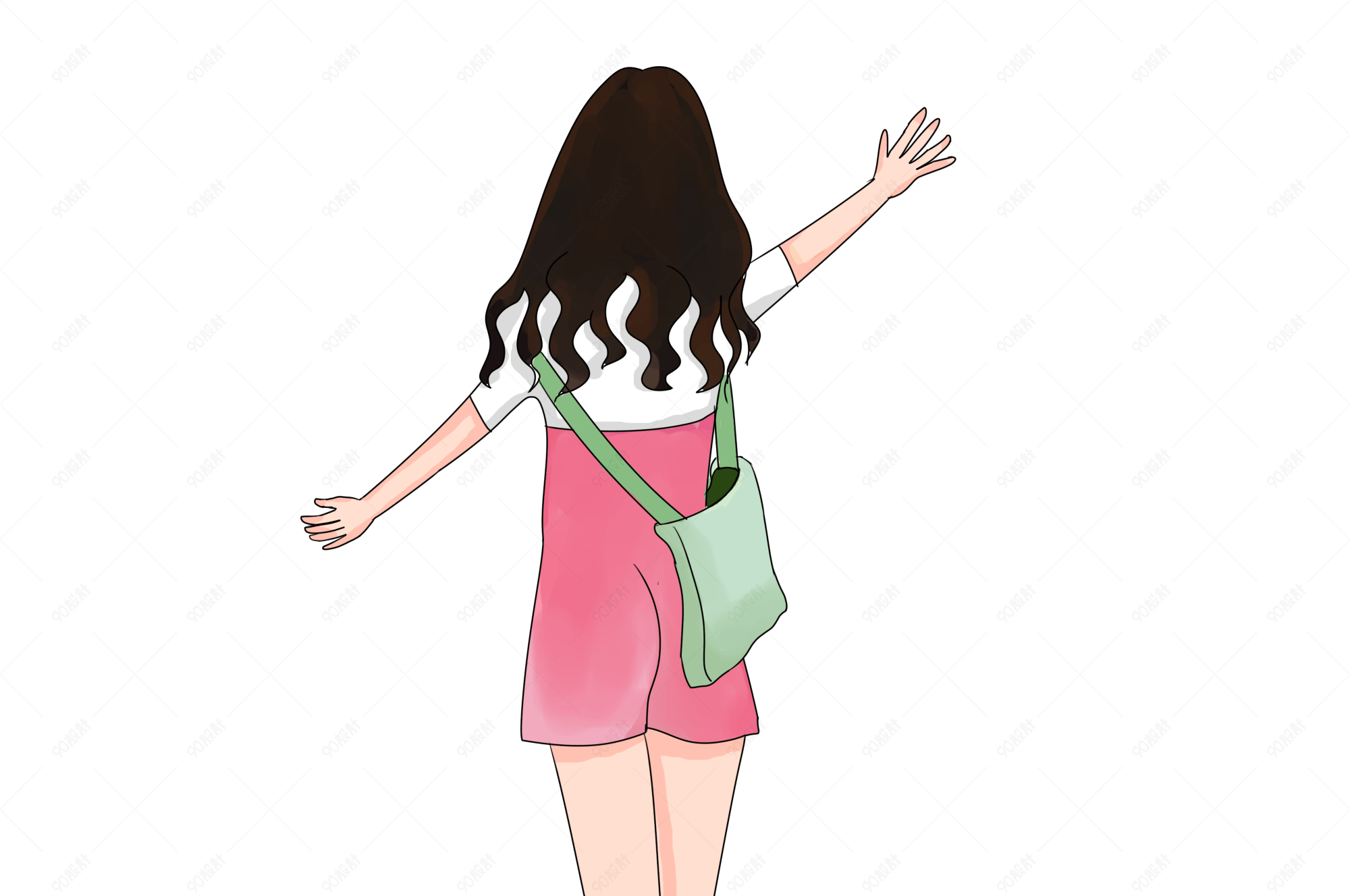 长发女孩旅游出行手绘卡通图片