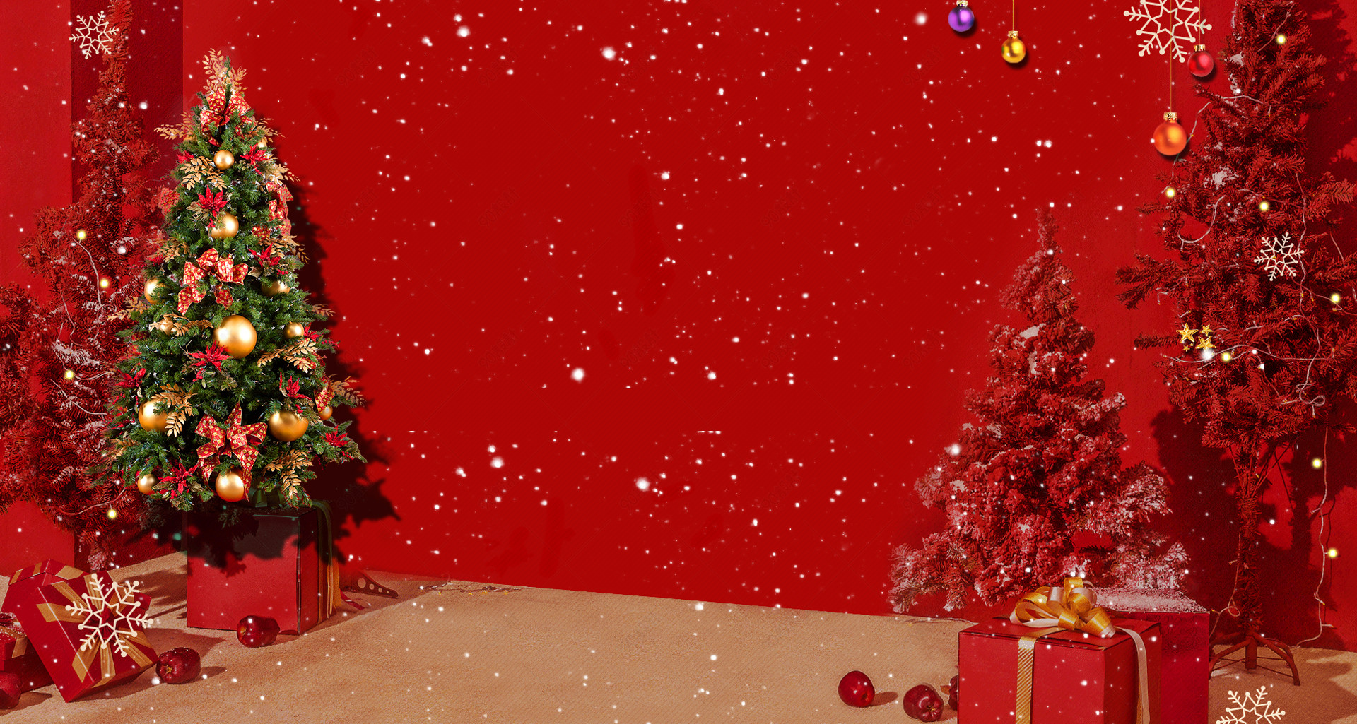 红色唯美雪花圣诞节箱包女鞋海报背景