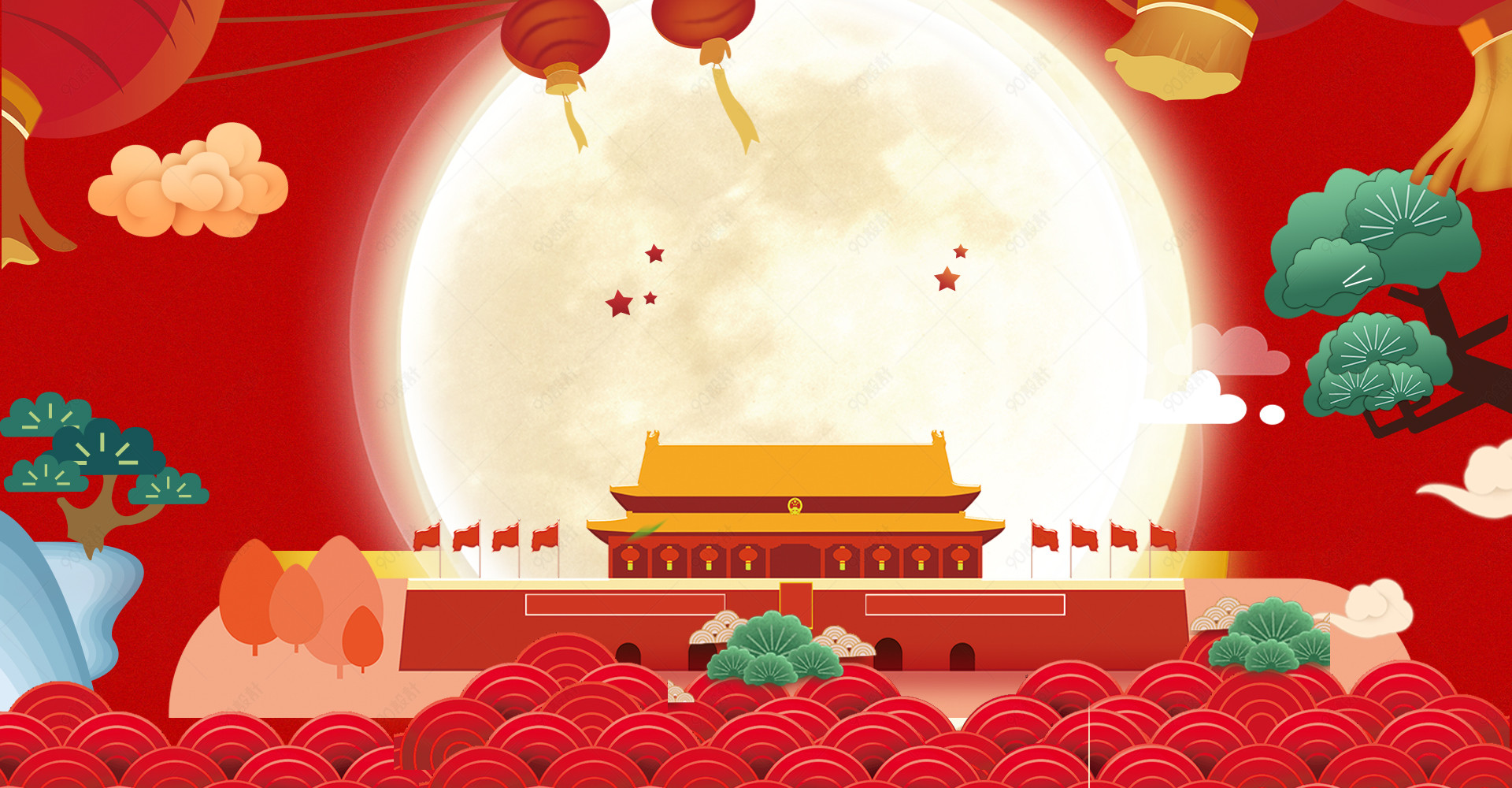 中国风国风潮红中秋国庆海报背景图