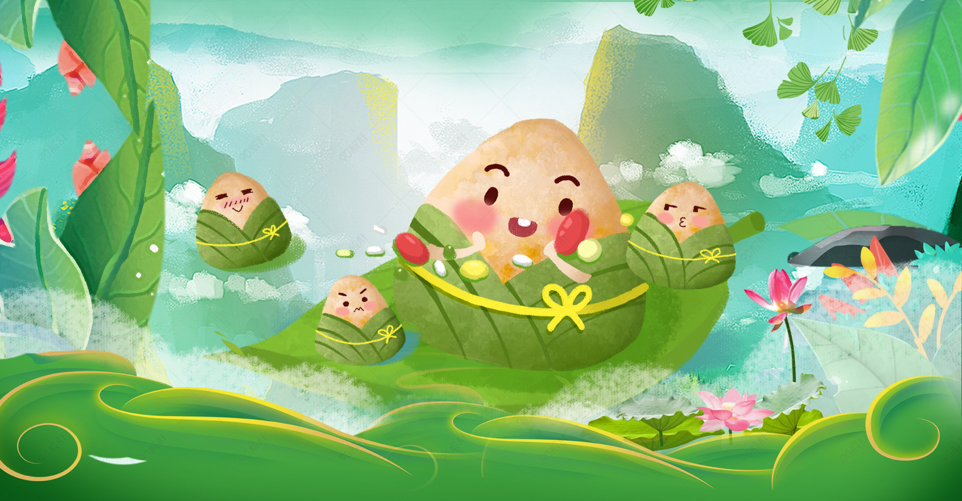 清新可爱卡通手绘端午节美食粽子海报背景