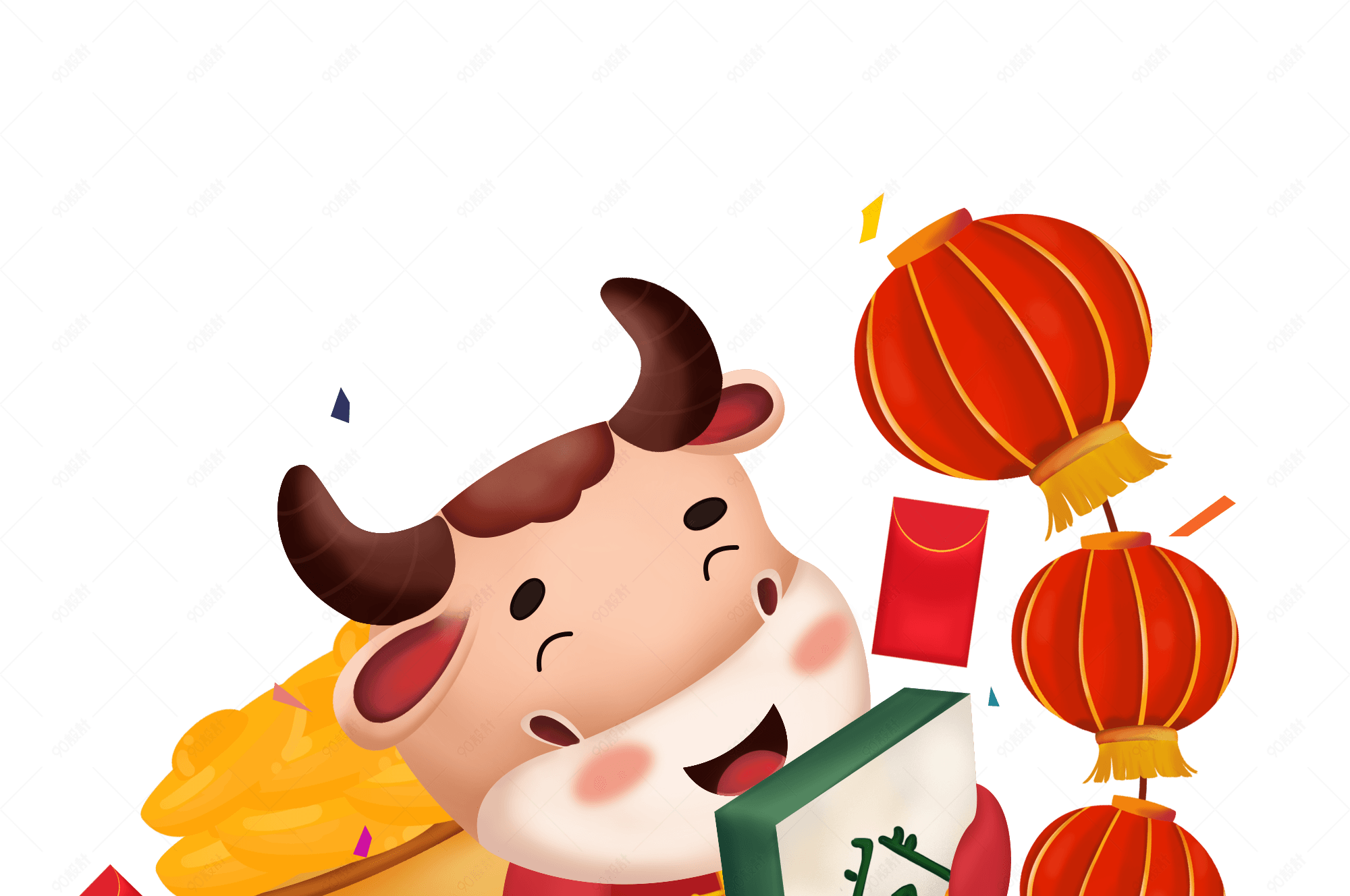 牛年新年发财灯笼元宝png素材