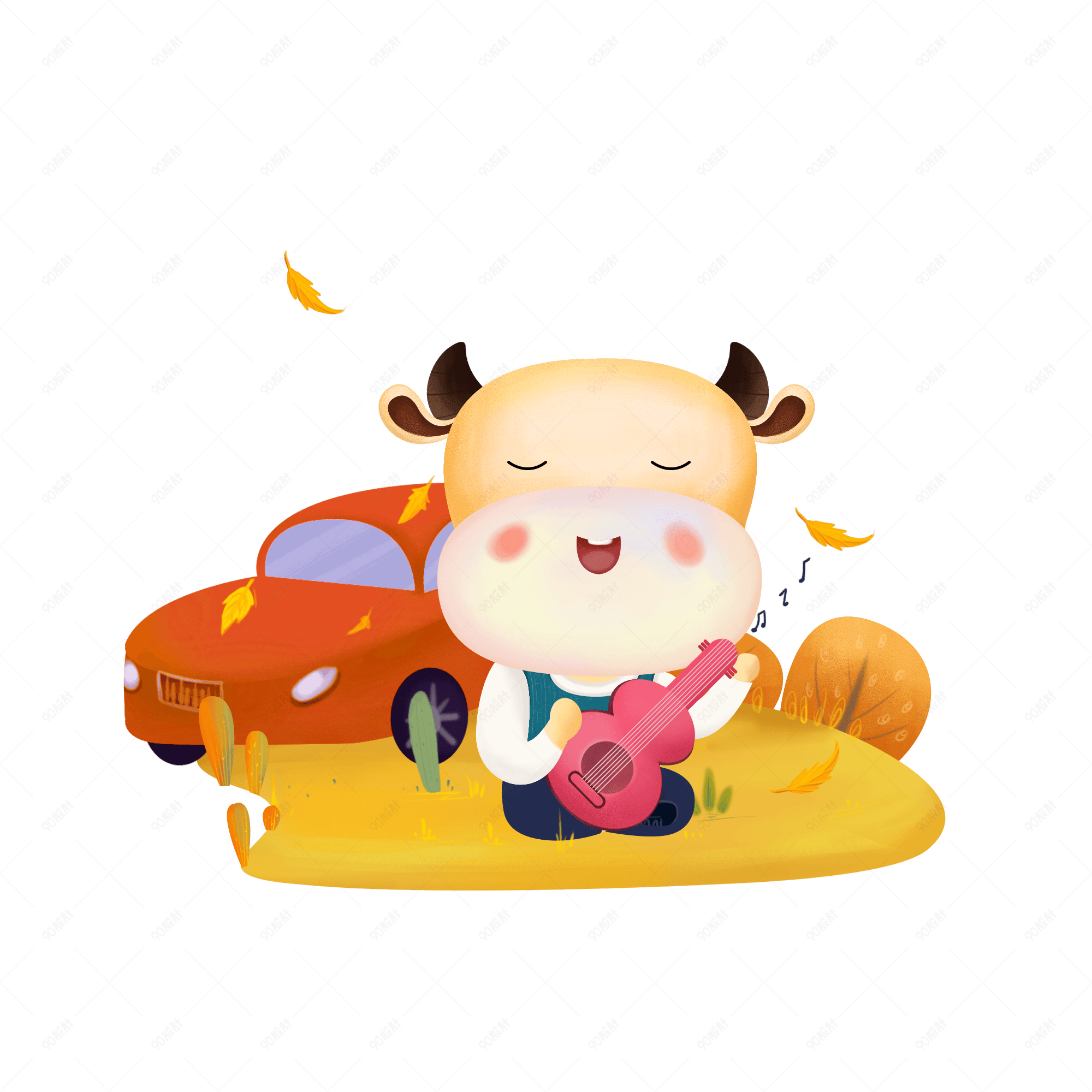 卡通牛弹吉他旅游素材