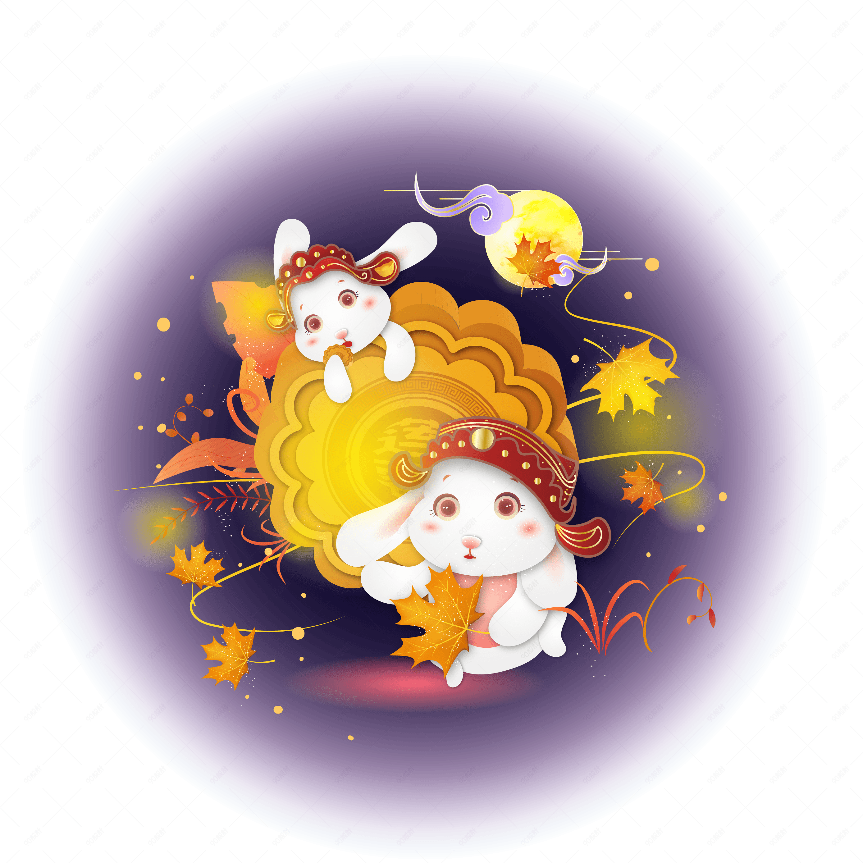 卡通矢量中秋圆月月饼枫叶两只小兔仙