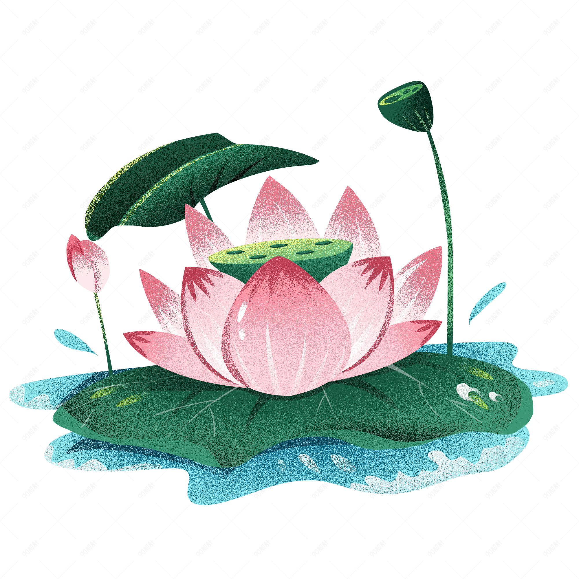 手绘肌理风格荷塘里的荷花荷叶