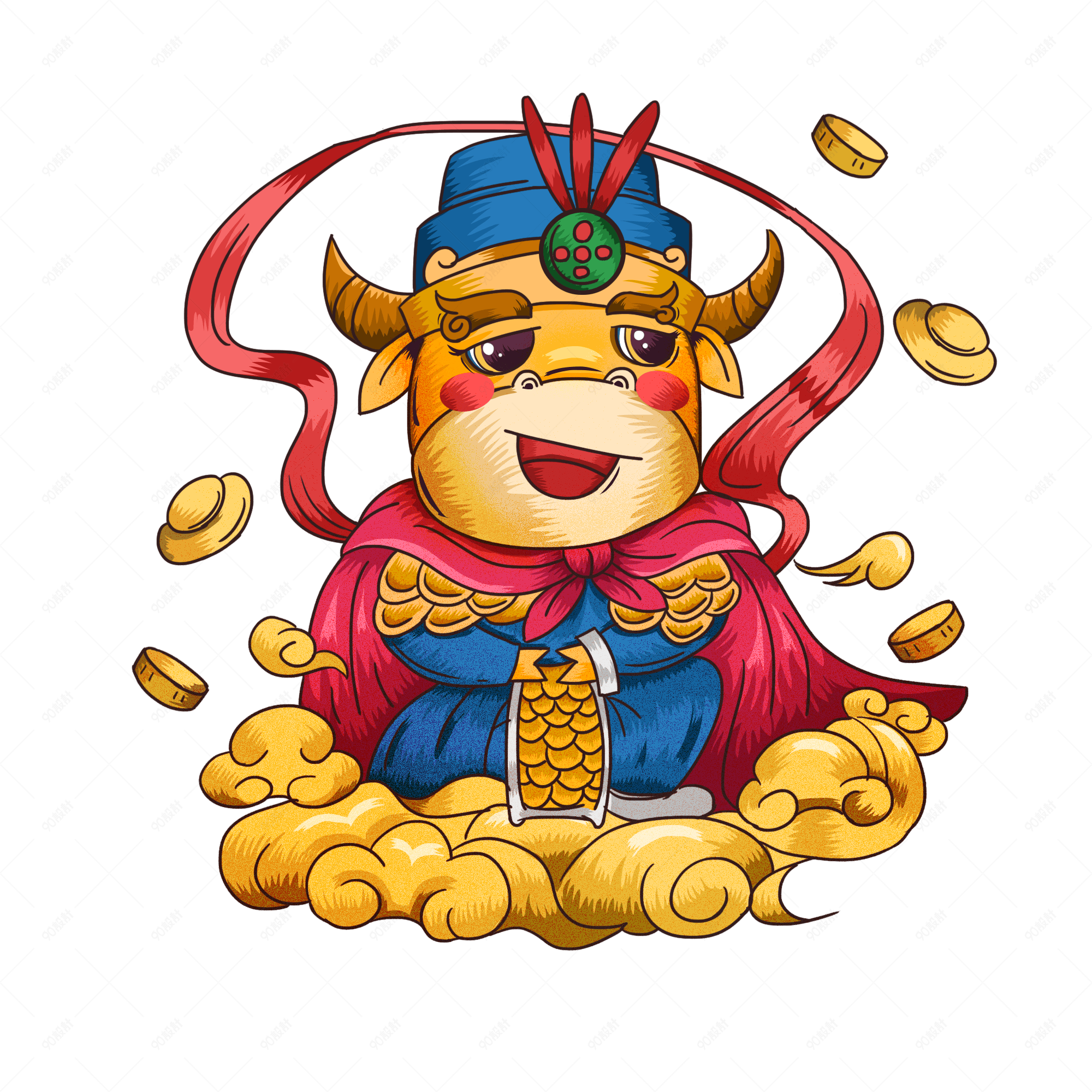 手绘国潮风2021牛年站在祥云上的牛