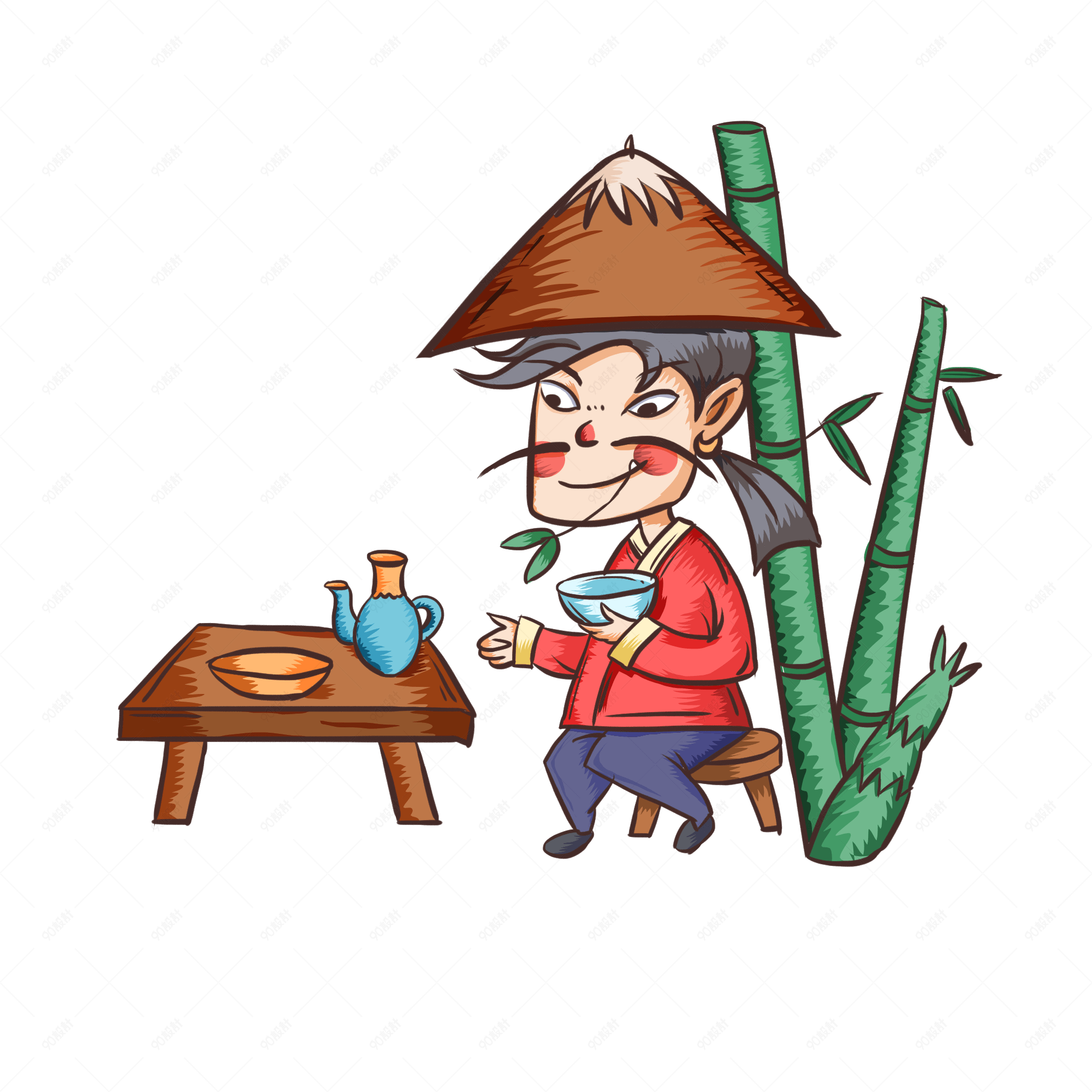 手绘国潮风格坐在路边喝酒的男子