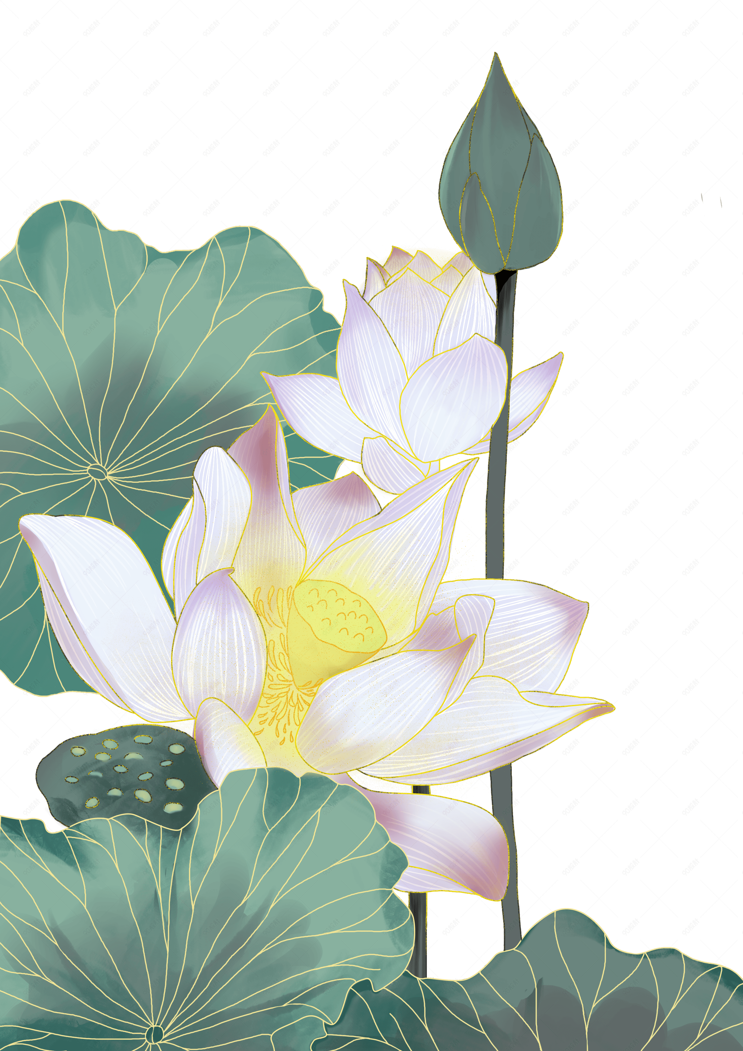 装饰淡色系古风荷花png装饰元素