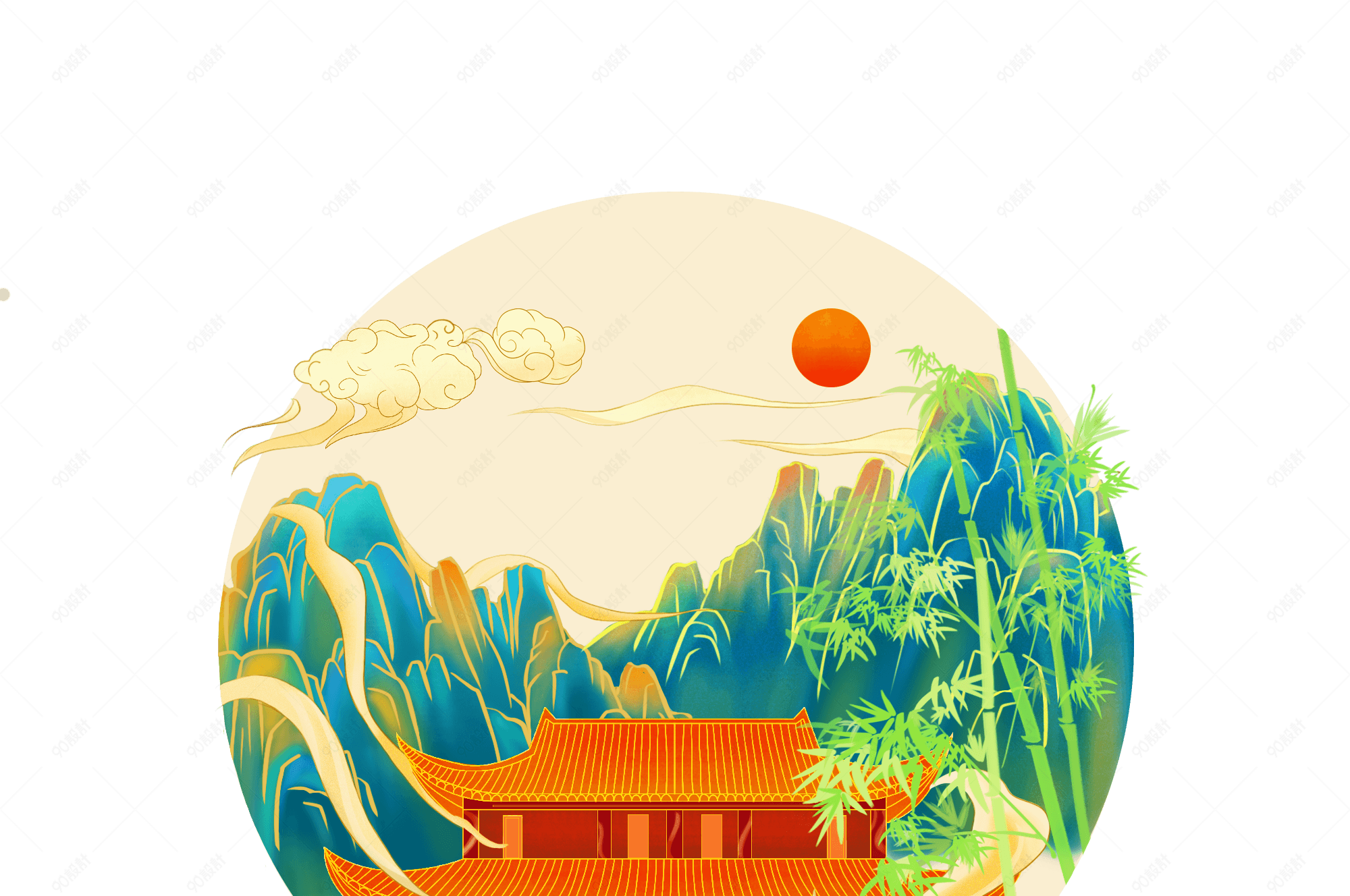 中国风国潮建筑插画装饰元素【免抠元素psd】-90设计网