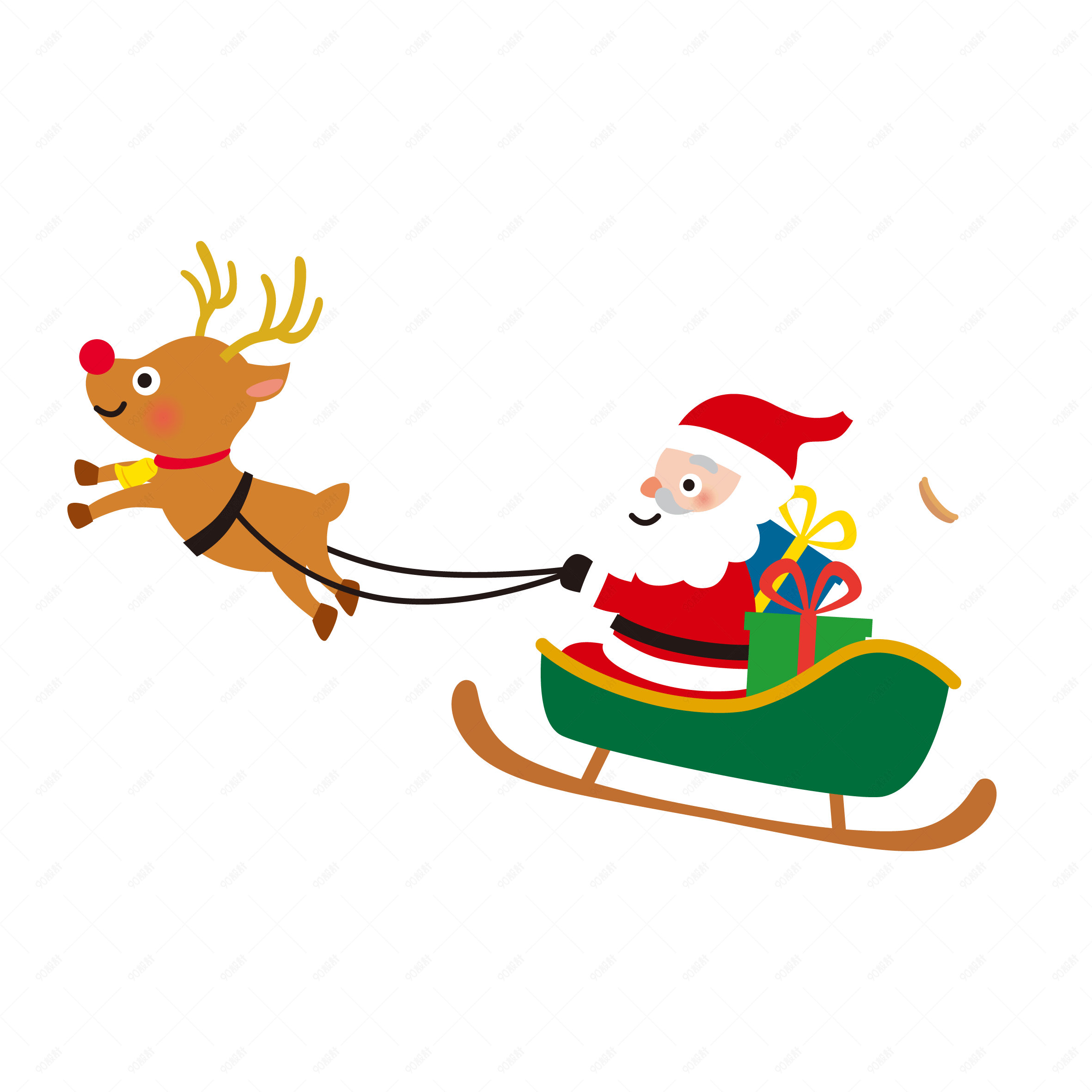 圣诞节卡通手绘风格圣诞老人雪橇麋鹿