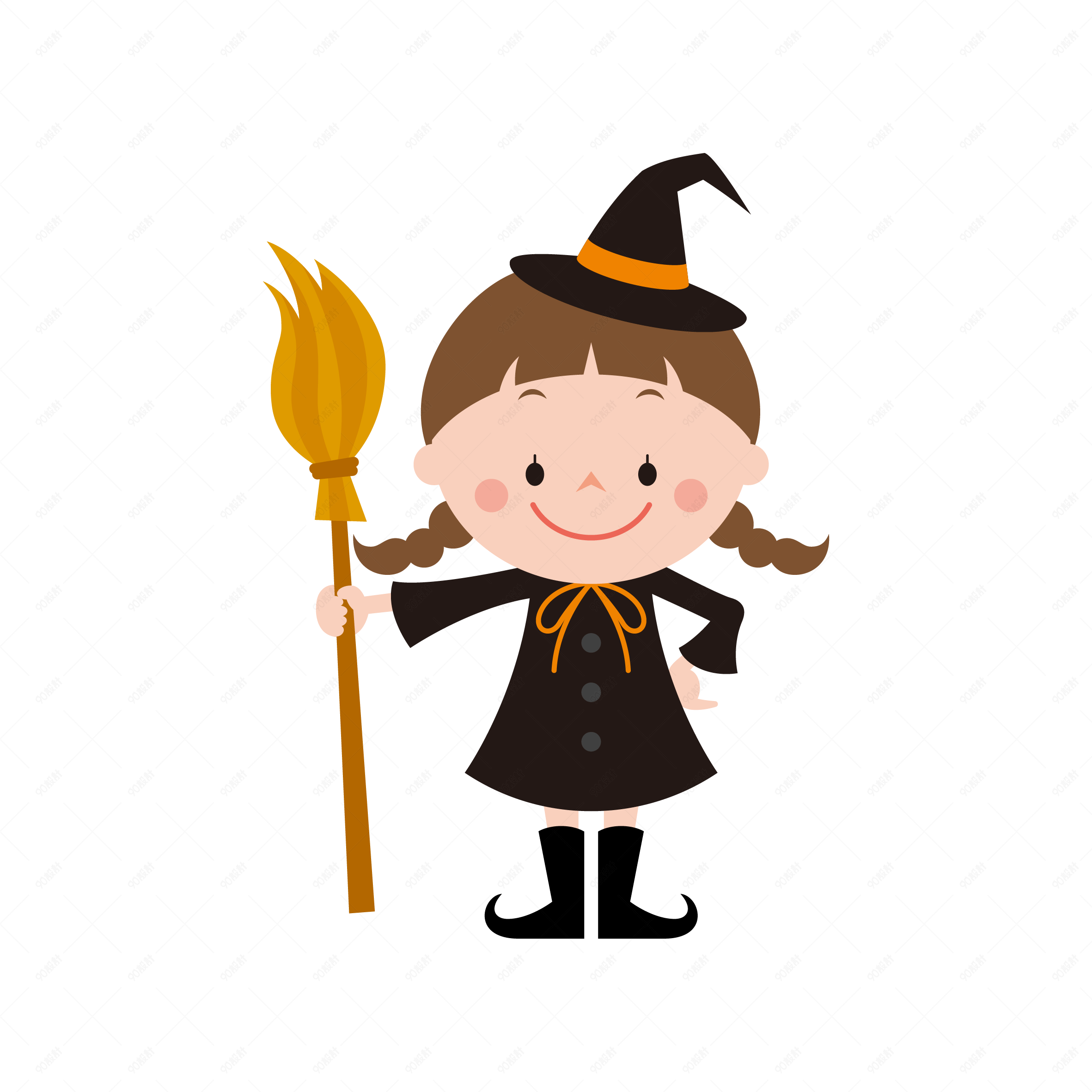 万圣节恐怖小魔女可爱插画【免抠元素png】-90设计网
