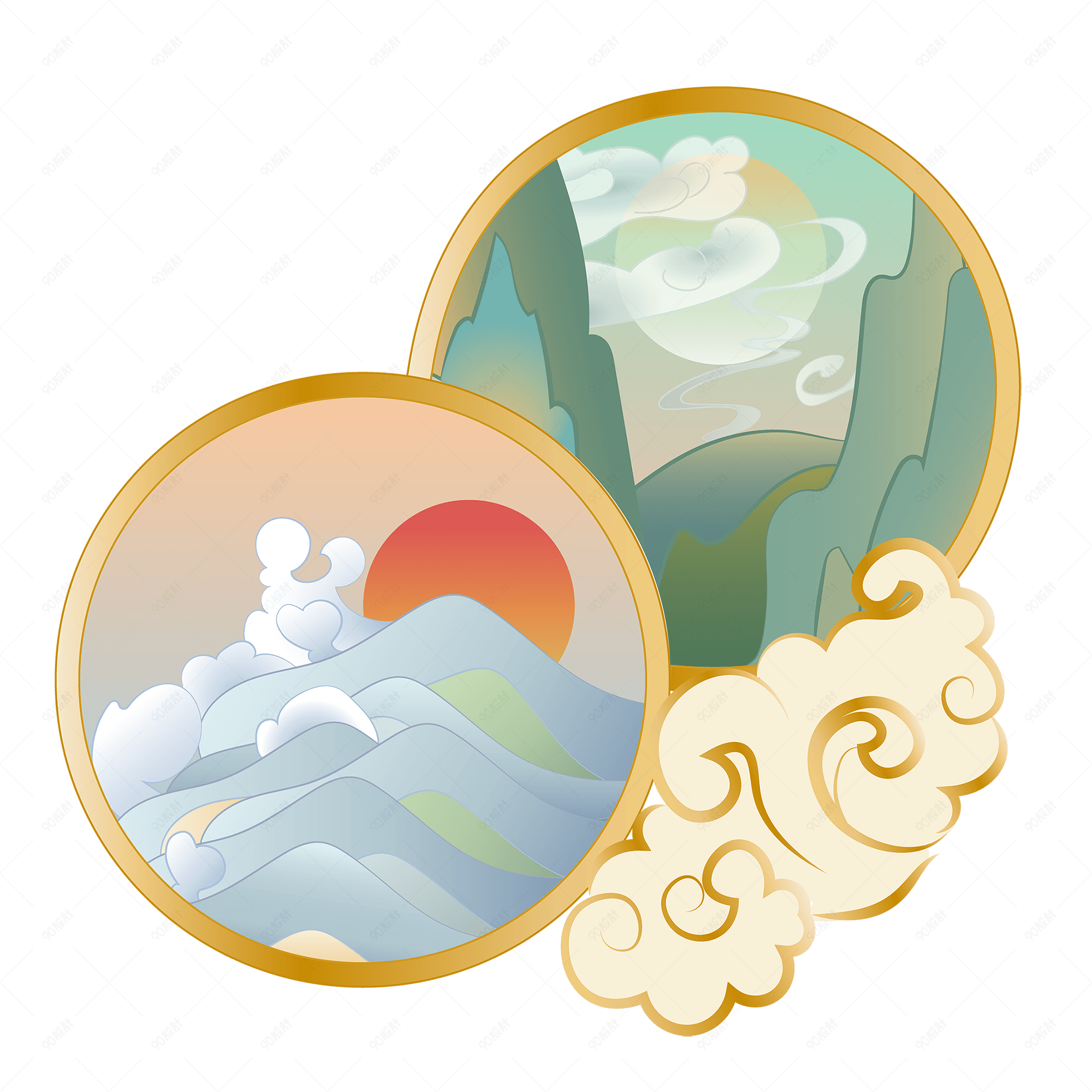 中国风国潮山水日月同辉png免抠图片