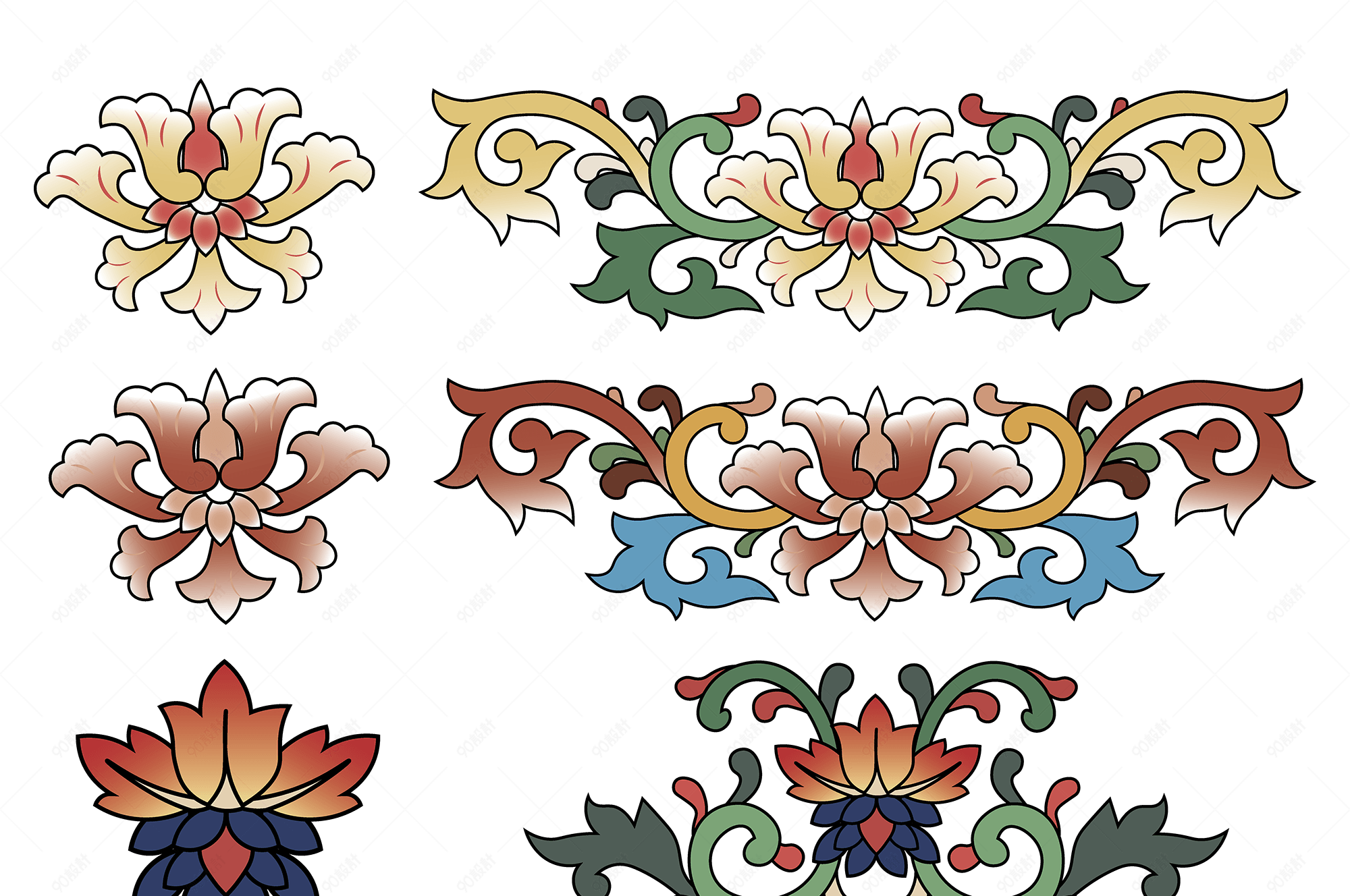 中国传统花卉纹样多配色免抠png素材节庆