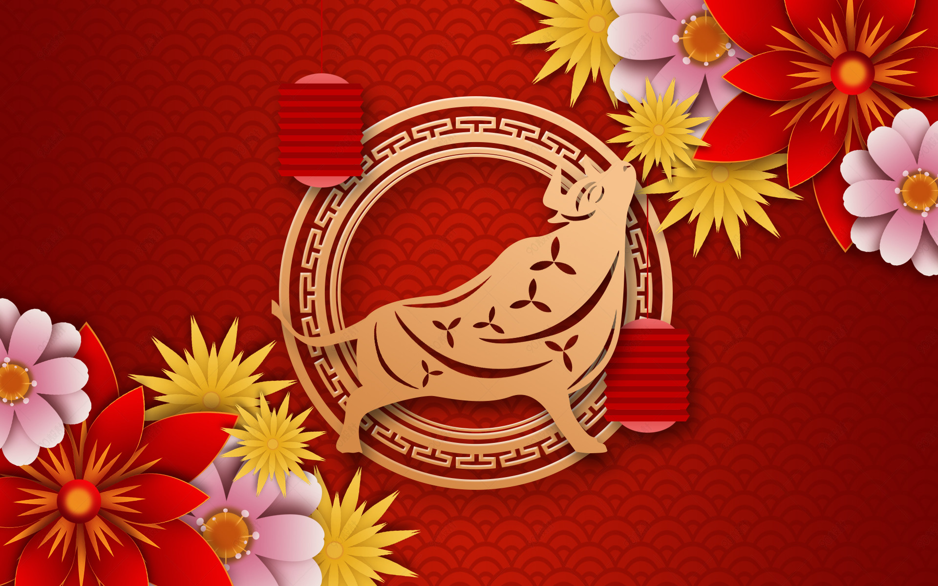 剪纸风中国喜庆牛年背景