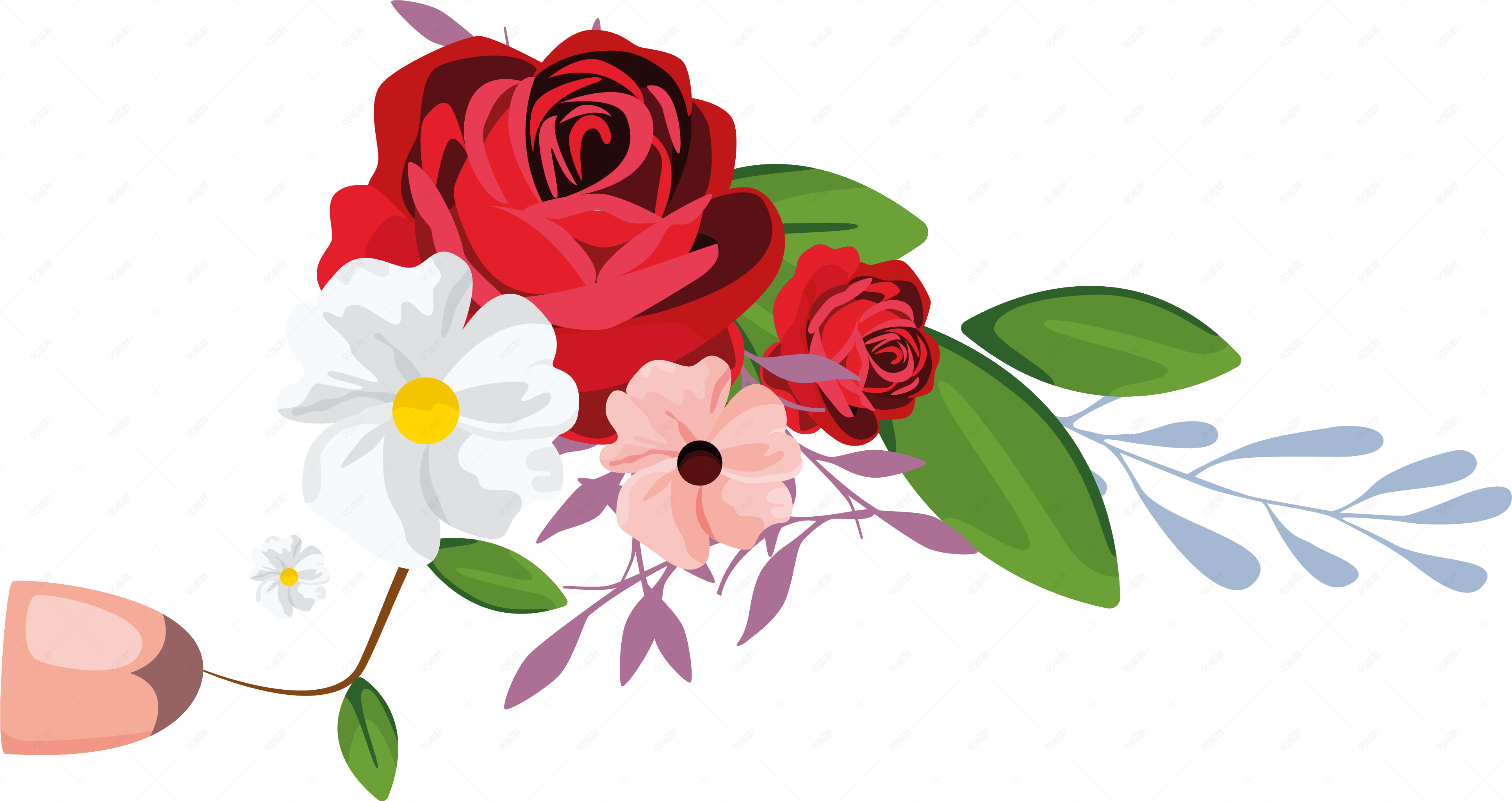 手绘卡通植物花瓣玫瑰花与绿叶