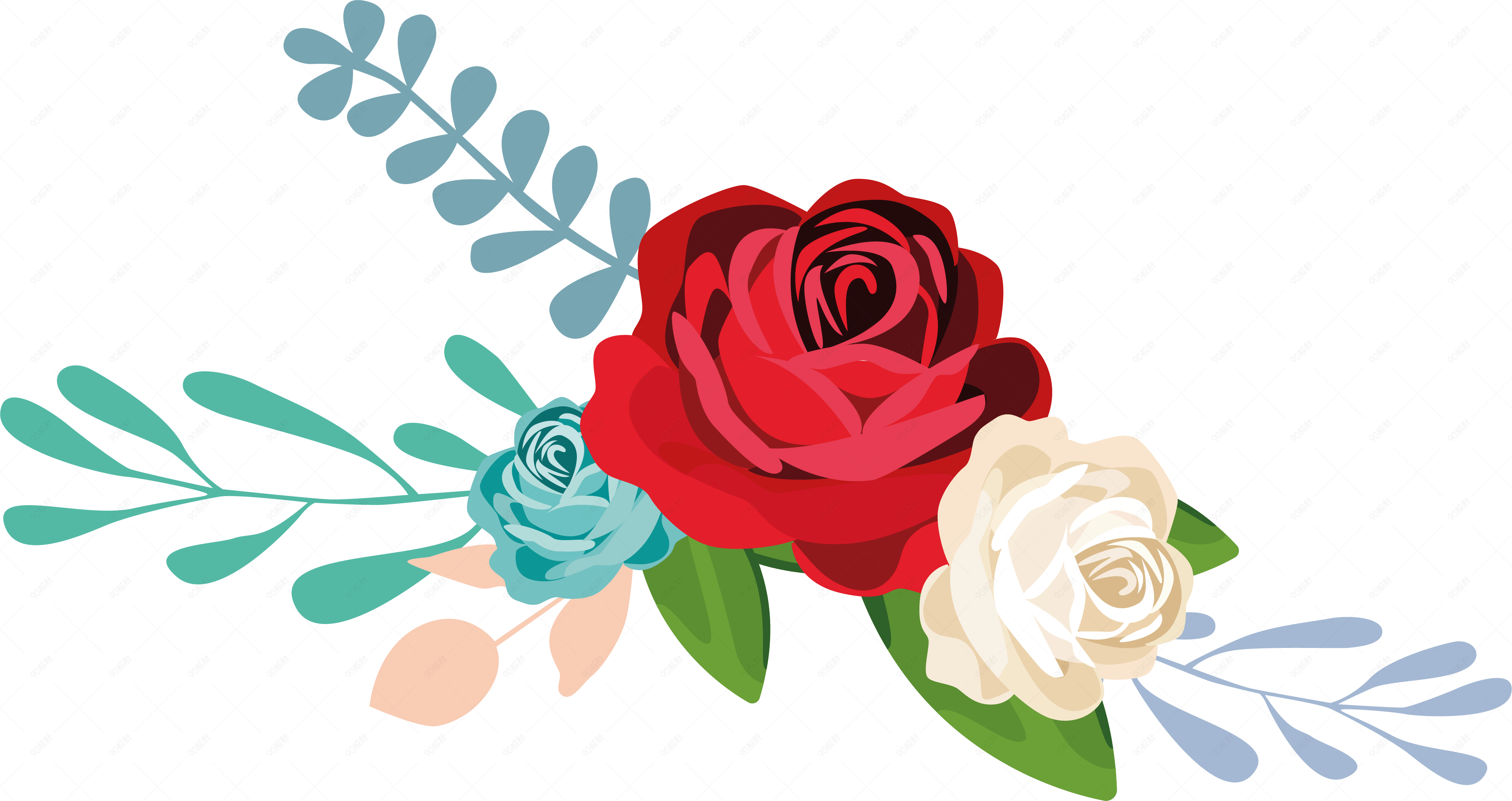 手绘卡通植物花瓣玫瑰花与绿叶