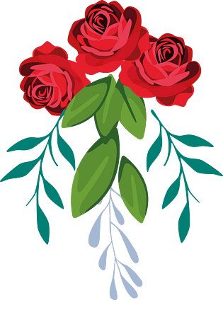 手绘卡通植物花瓣玫瑰花与绿叶