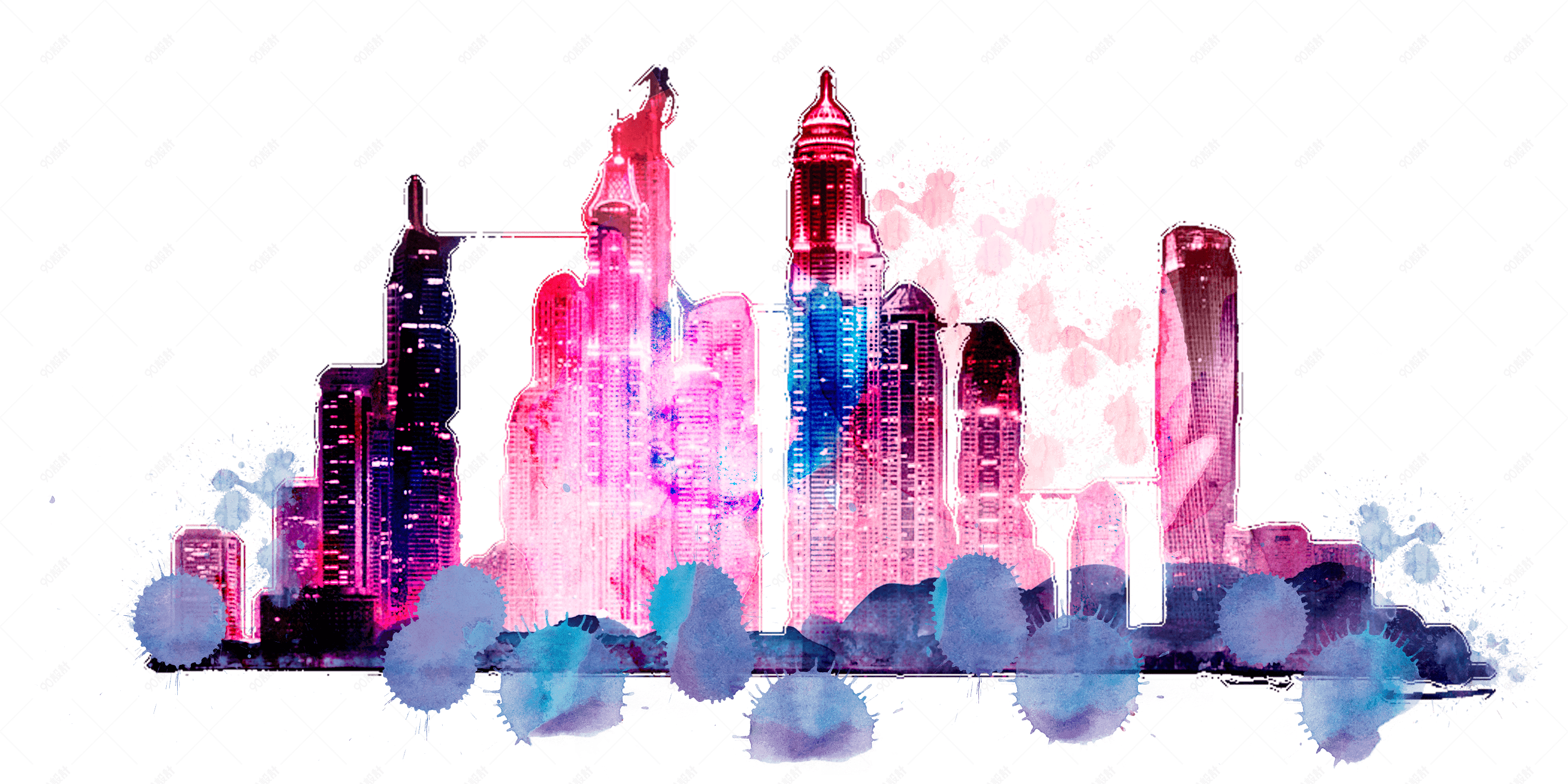 手绘水彩彩色高楼大厦