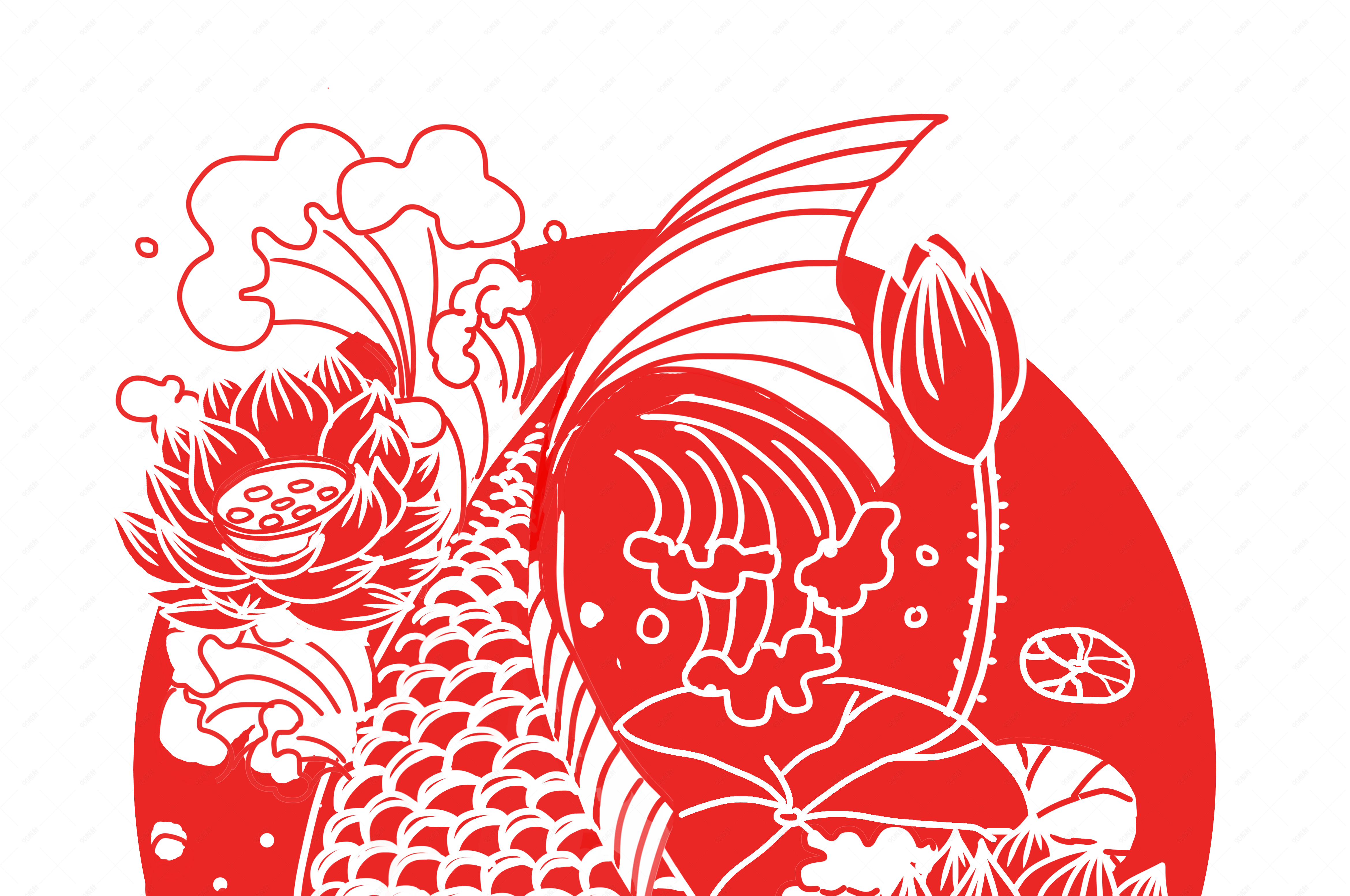 春节红色喜庆鲤鱼剪纸手绘插画