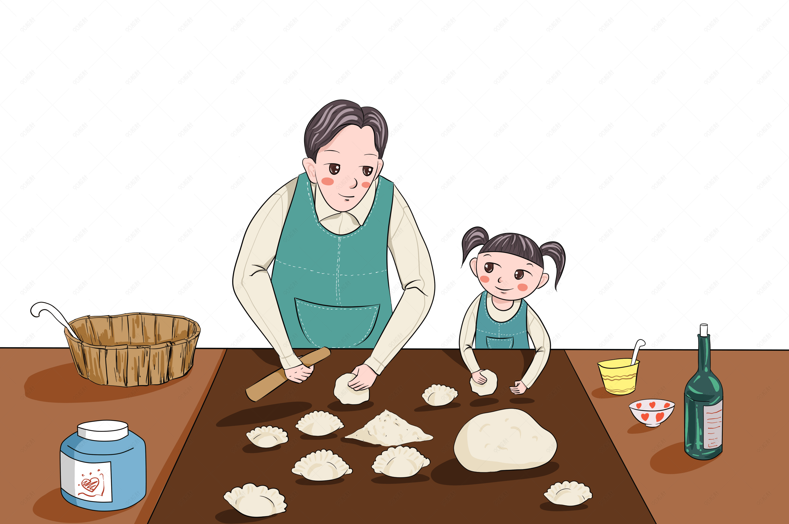 卡通手绘插画妇女包饺子