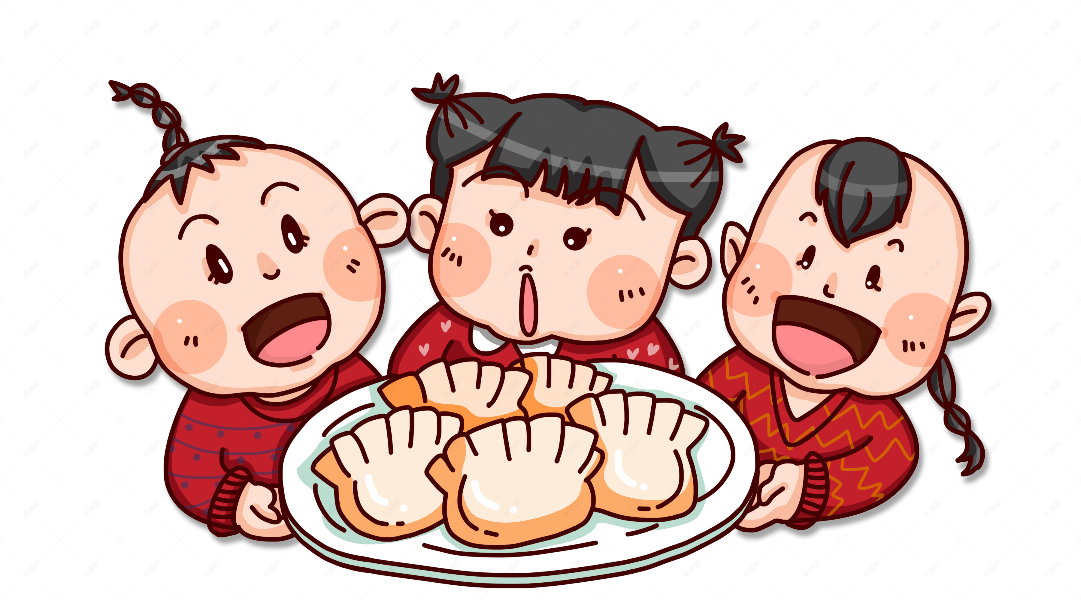卡通手绘可爱小朋友吃饺子