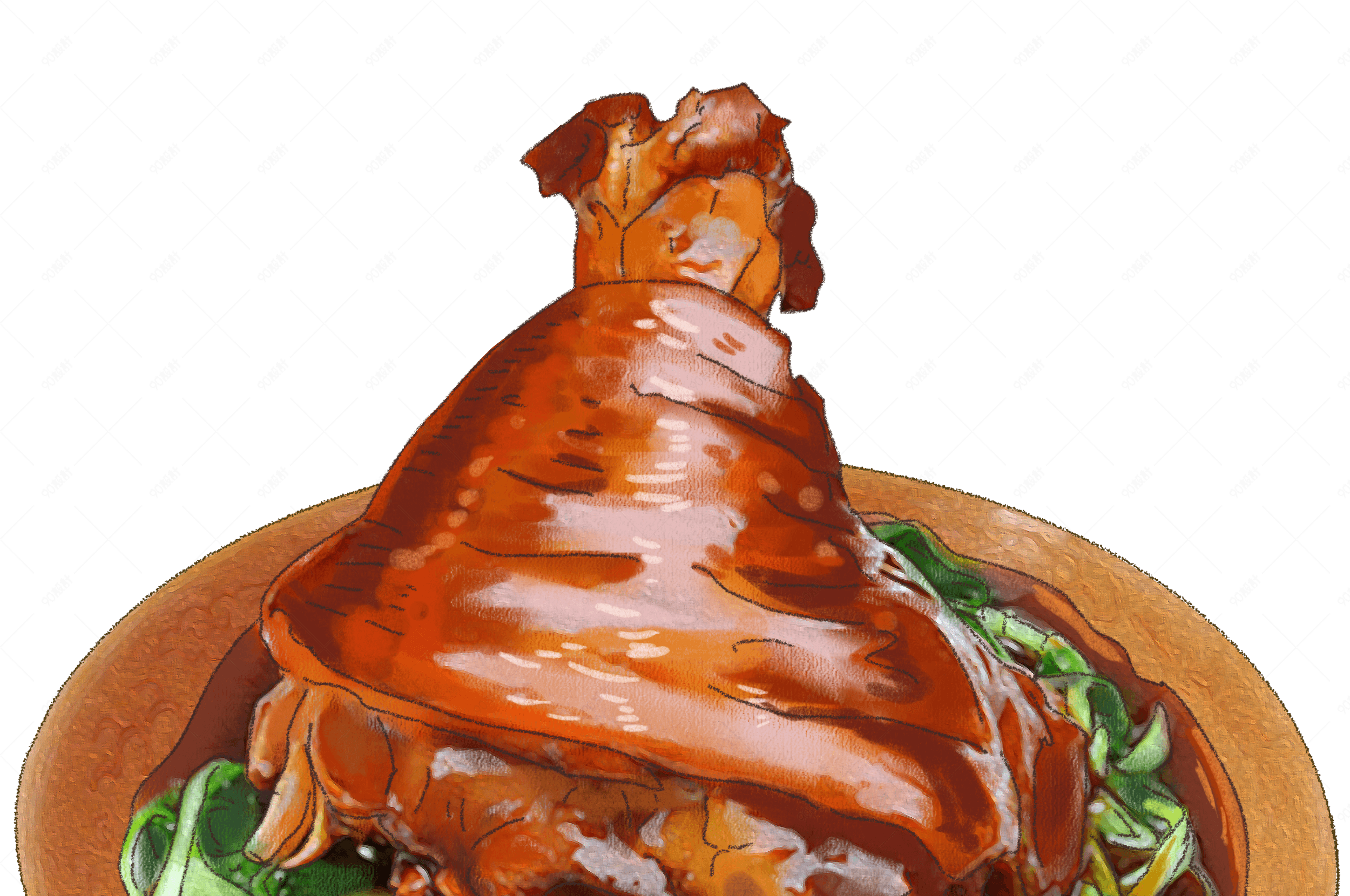 手绘卡通美食新年餐饮东北菜红烧肘子精致画
