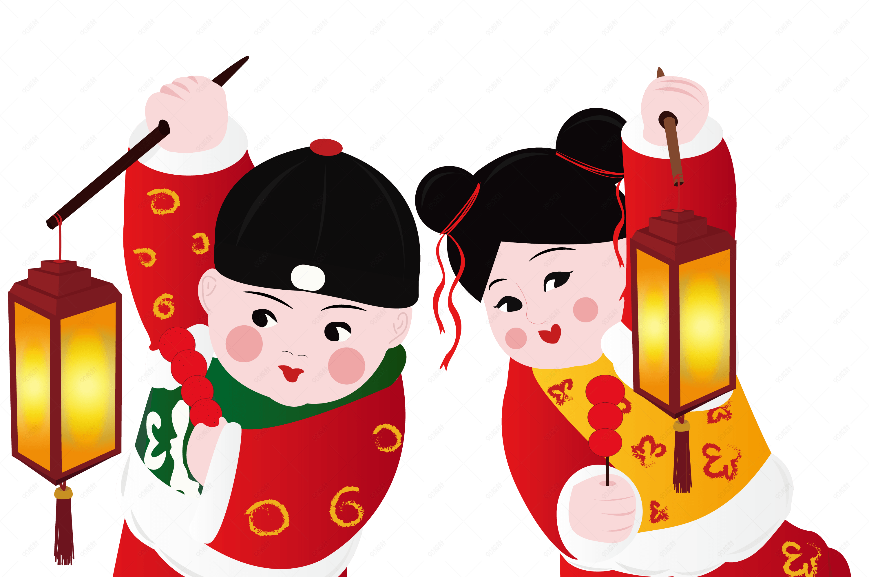 元宵节金童玉女赏花灯矢量图