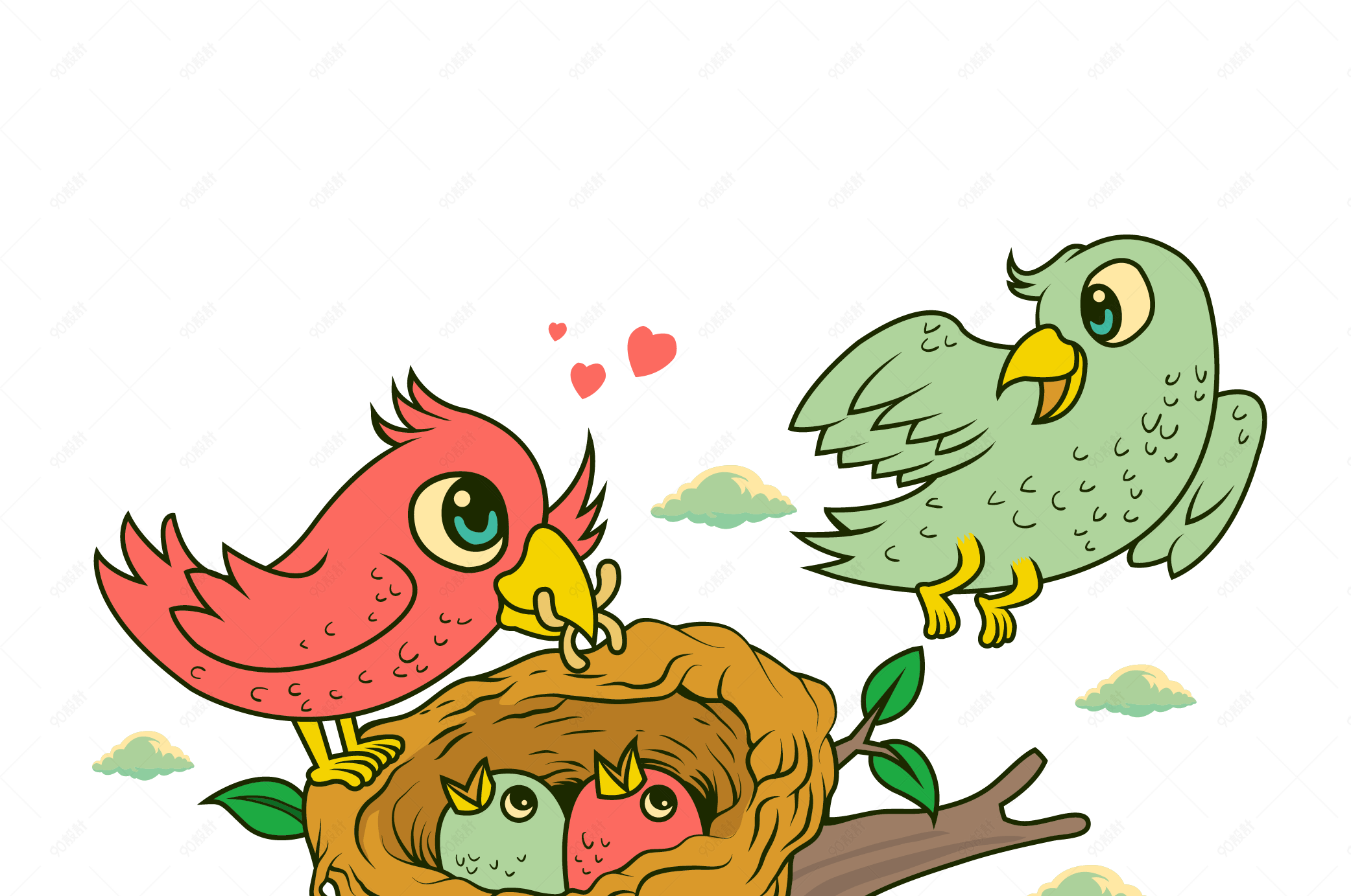 卡通小鸟一家四口矢量素材